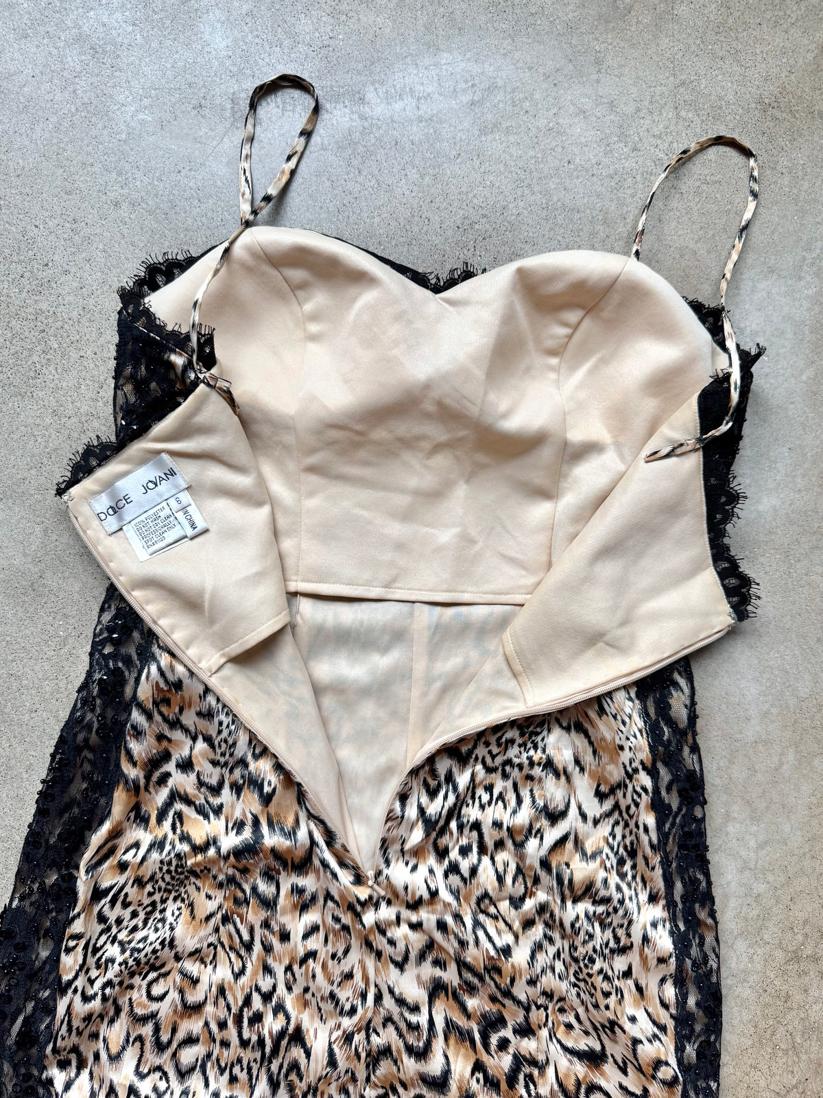 Vintage 1990s Dolce Jovani Leopard Print Satin Beaded Lace Trim Cocktail Dress | Small