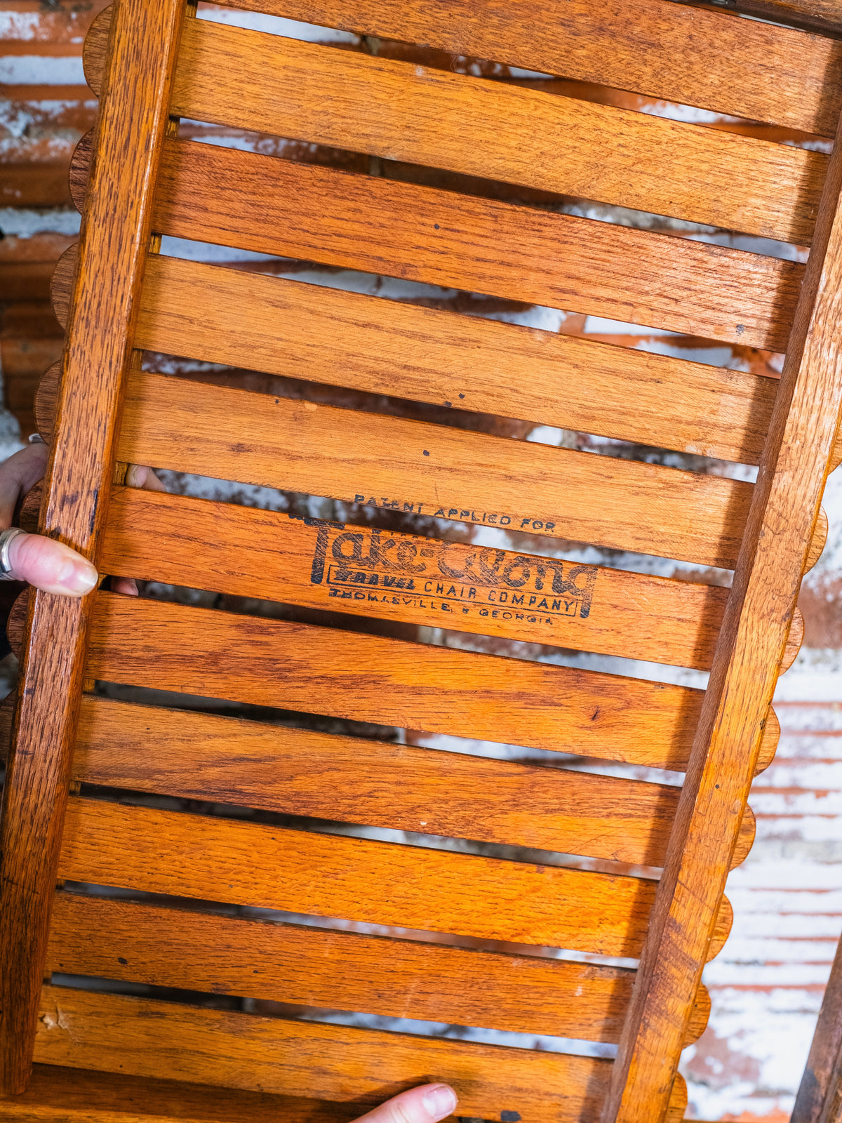 Vintage 1940s Take-Along Travel Chair Co. Slatted Wood Folding Bench Stool