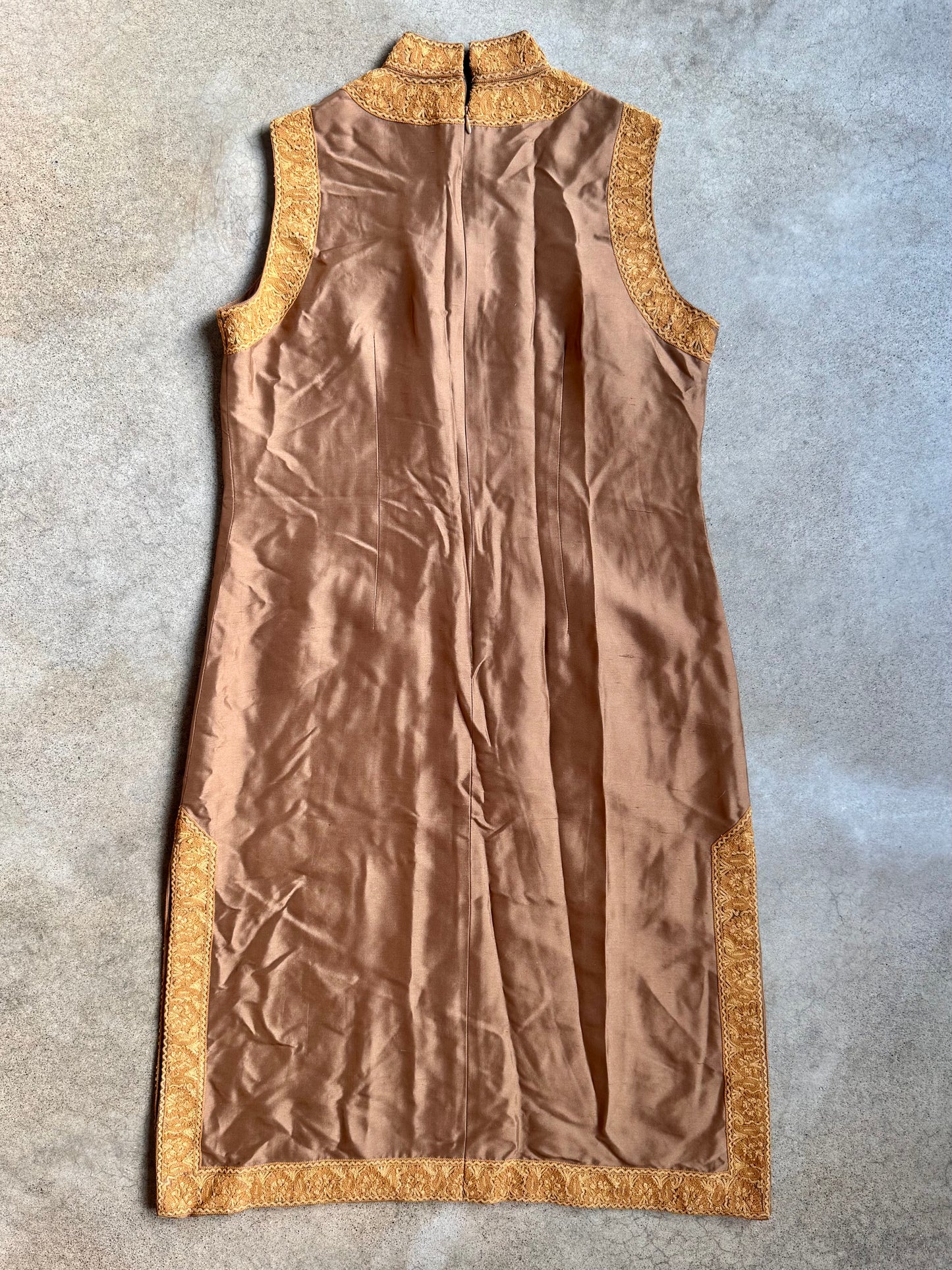 Vintage Brown Silk Sleeveless Tunic w/ Gold Embroidered Trim | Medium