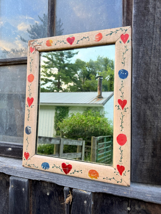 Antique Wood Framed Hand-Painted Folk Art “Heart” Wall Mirror