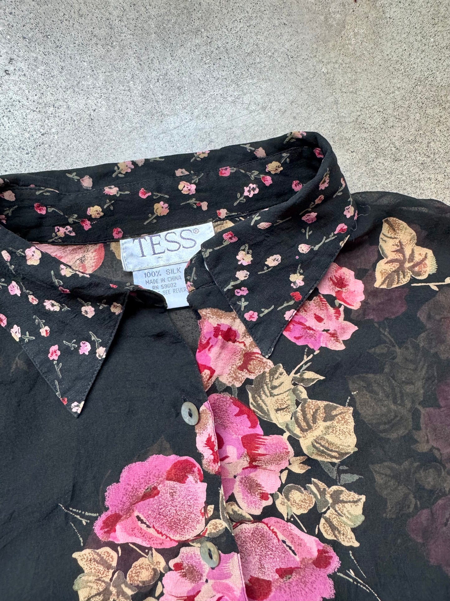 Vintage 1990s Tess Multi Floral Print 100% Silk Sheer Blouse | Large