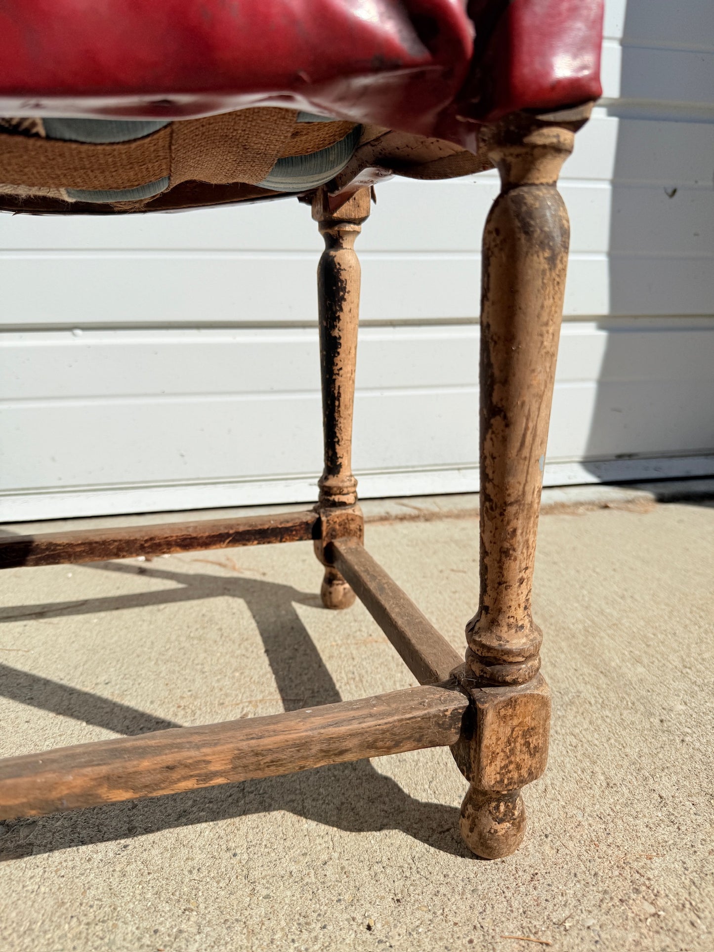 Antique French-Style Rustic Turned Leg Upholstered Footstool