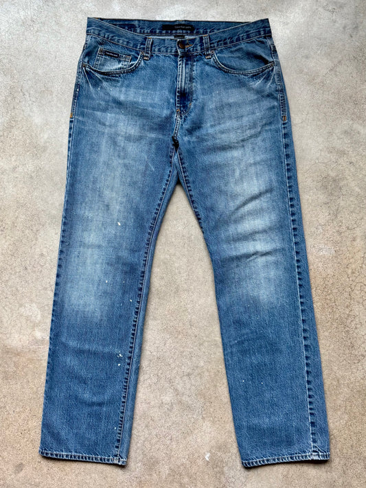 Vintage 1990s Calvin Klein Worn Paint Splatter Straight Cut Jeans | 34