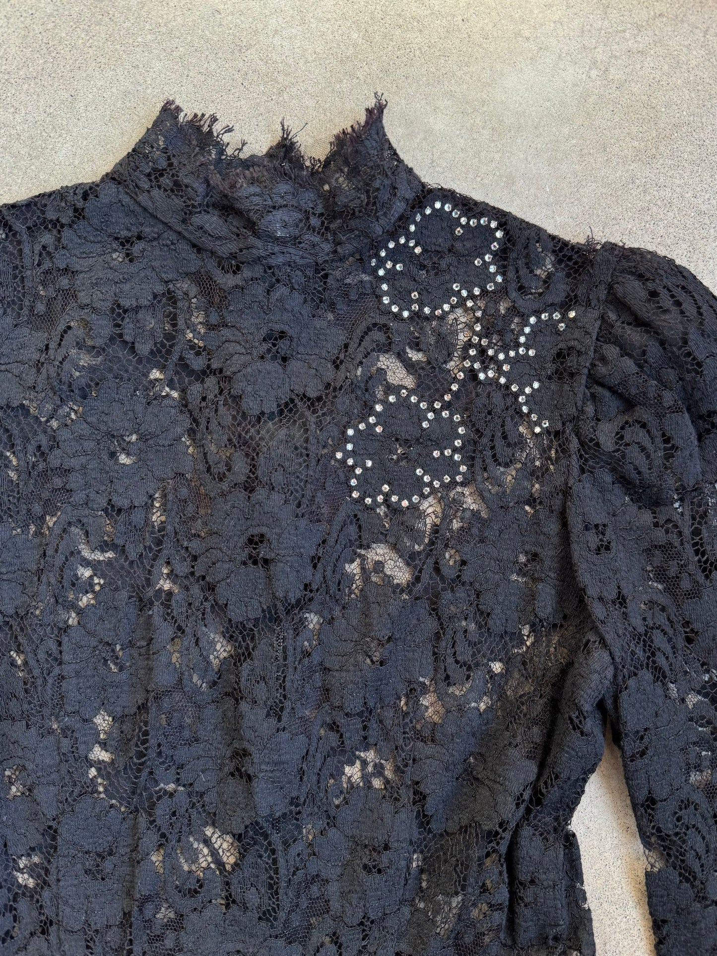 Vintage 1980s Black Lace Mesh Victorian-Style Peplum Top | Small