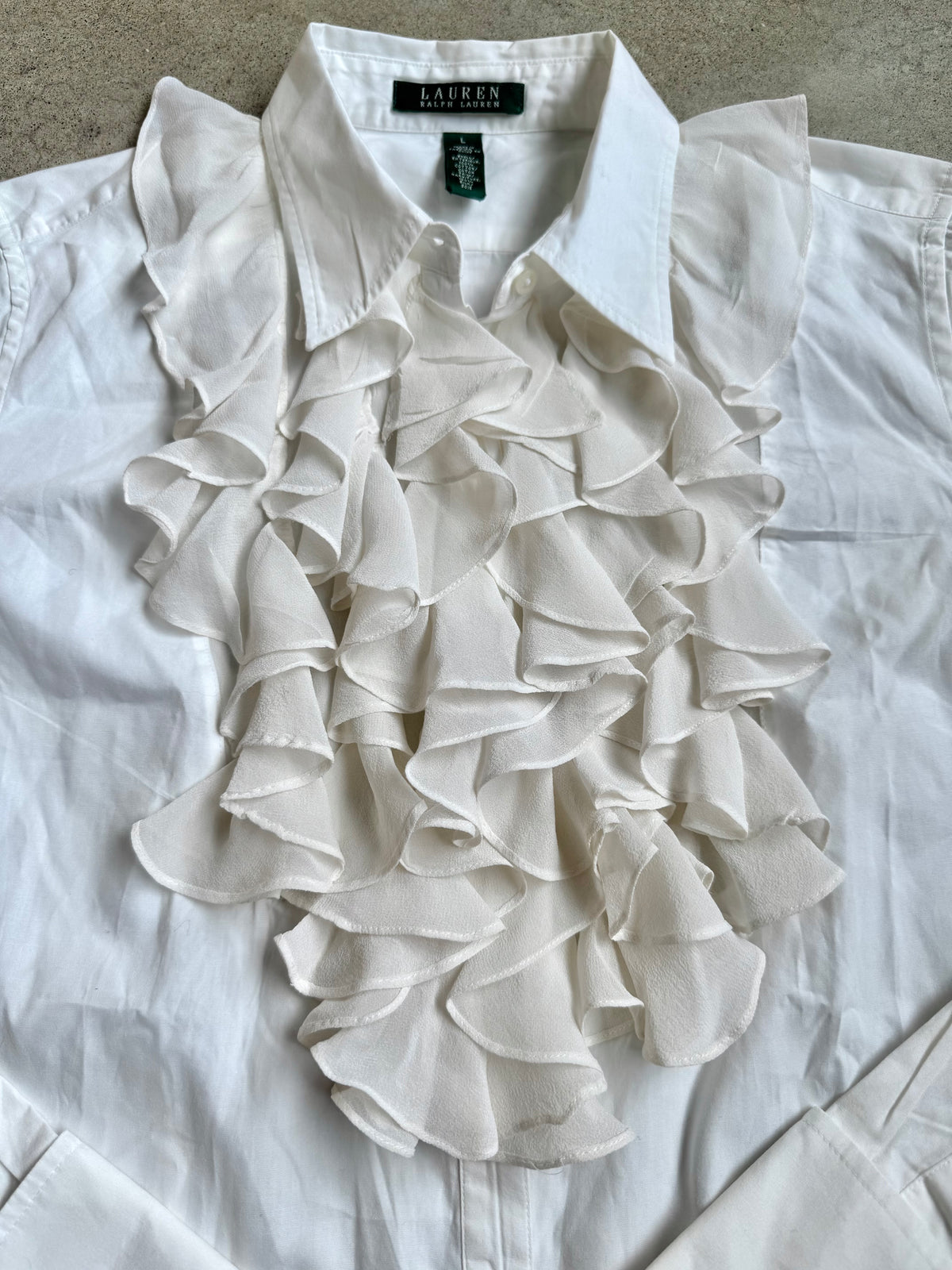 Lauren Ralph Lauren White Silk Ruffle French Cuff Cotton Shirt | Large