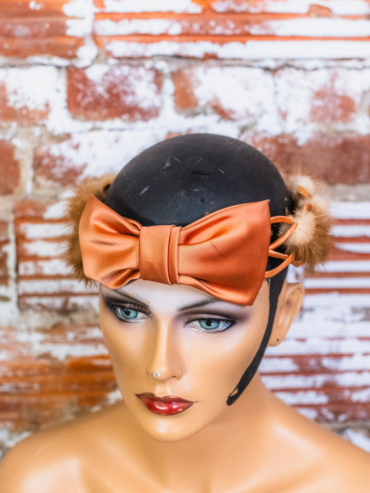 Vintage 1950s Rabbit Fur Braided Satin Bow Halo Headpiece