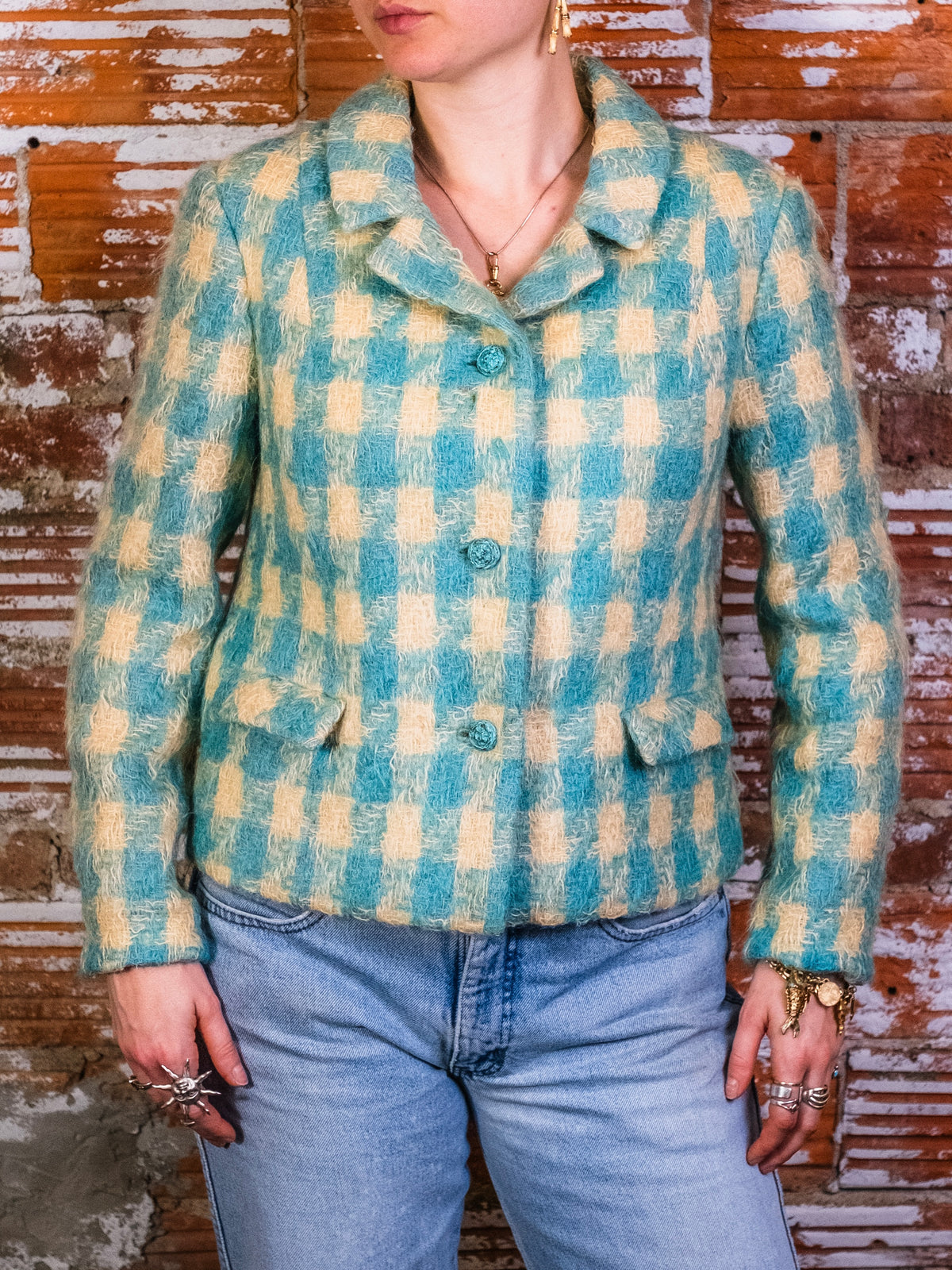 Vintage 1960s Blue & Cream Plaid Mohair-Blend Tweed Jacket | Small