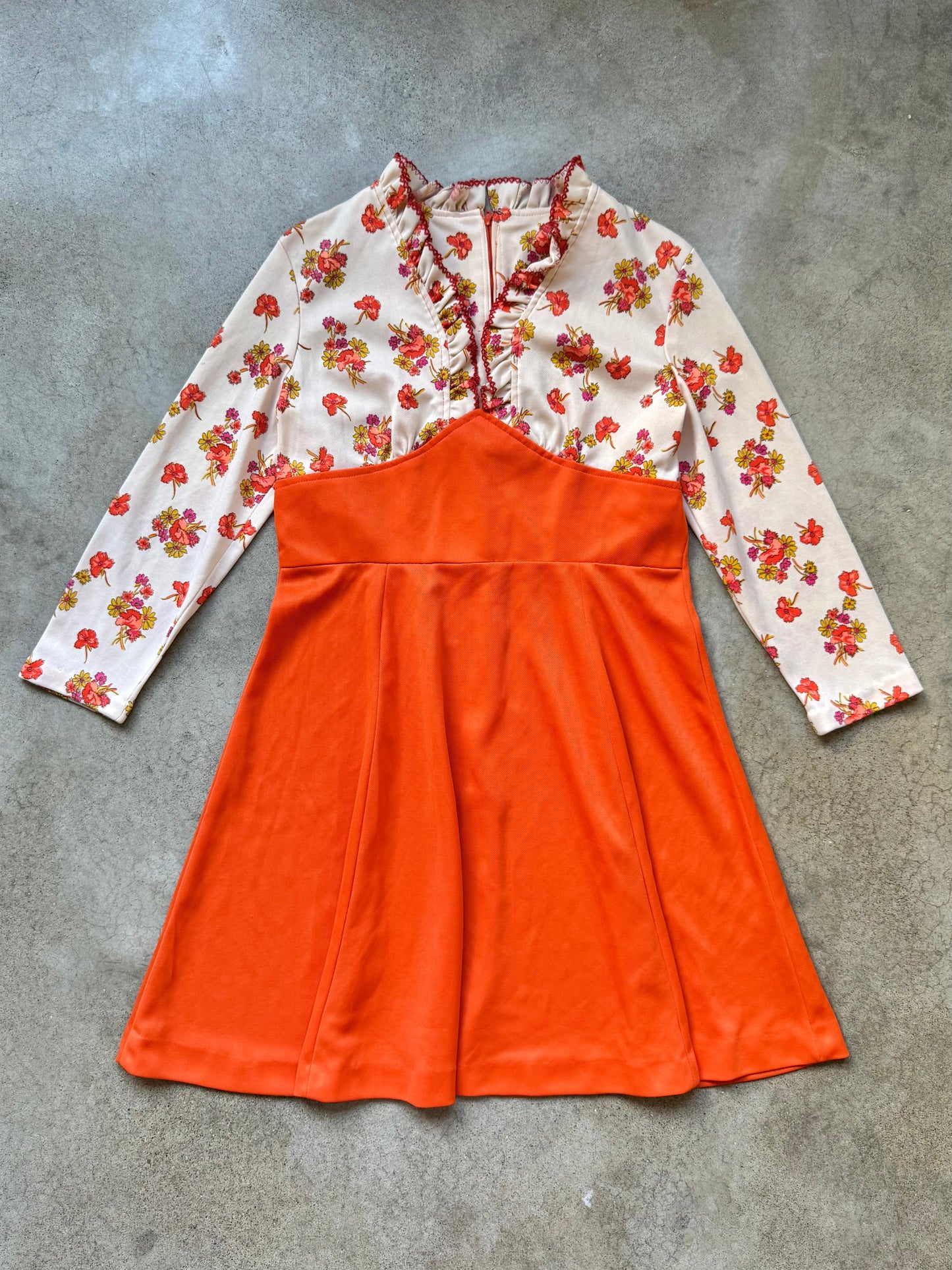 Vintage 1970s Orange Floral Print Long Sleeve Dress | Large