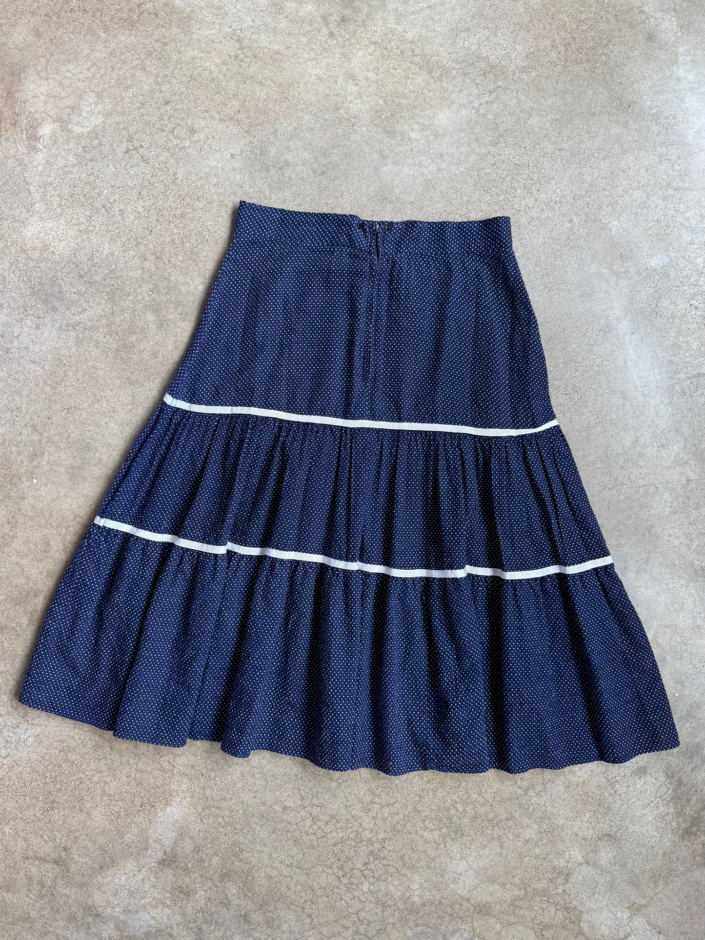 Vintage 1960s Blue & White Polka Dot Cotton Tiered Western Skirt | Waist 30”