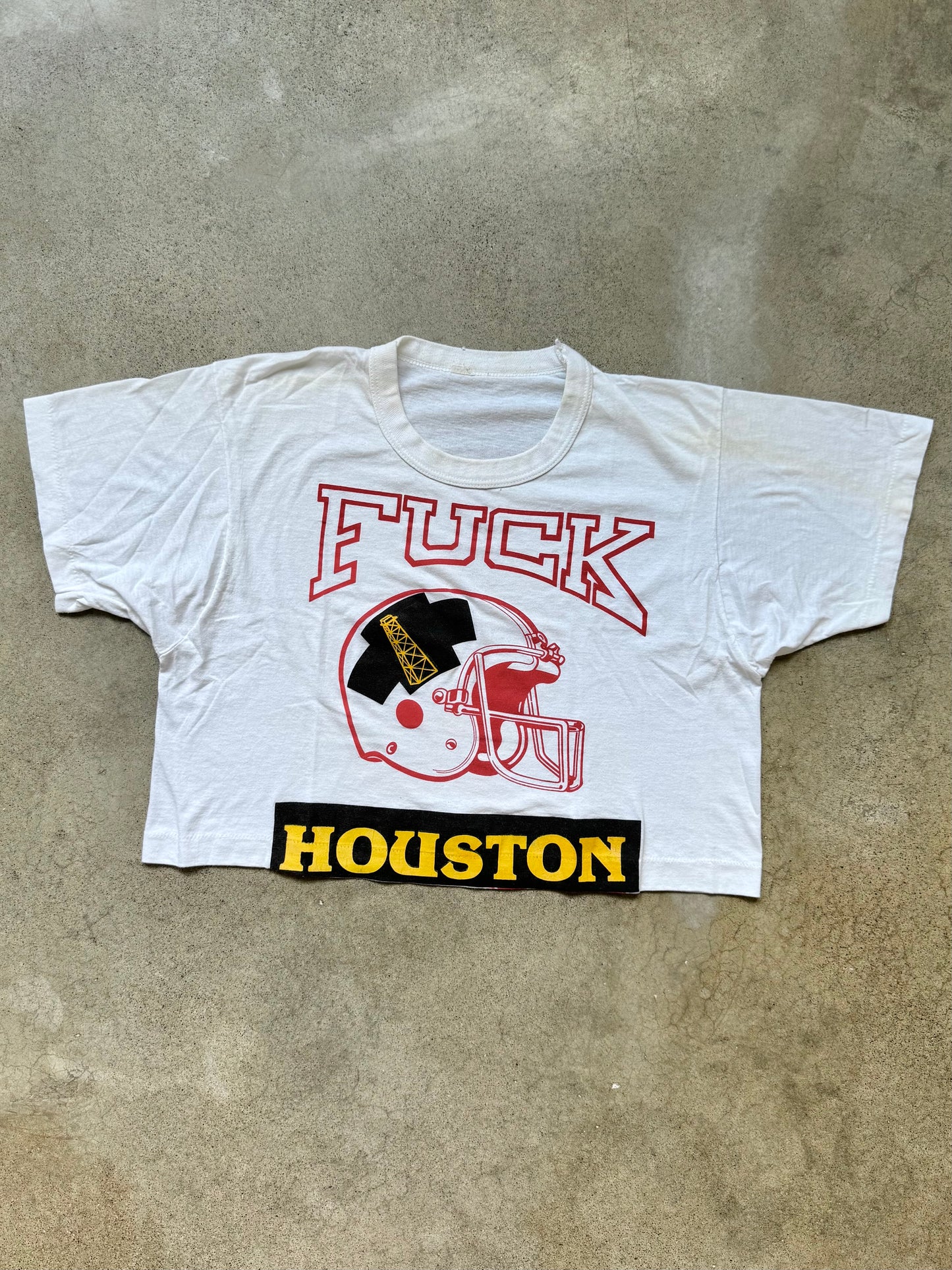 Vintage 1980s White Cropped “F*** Houston” Football Graphic Tee | Large