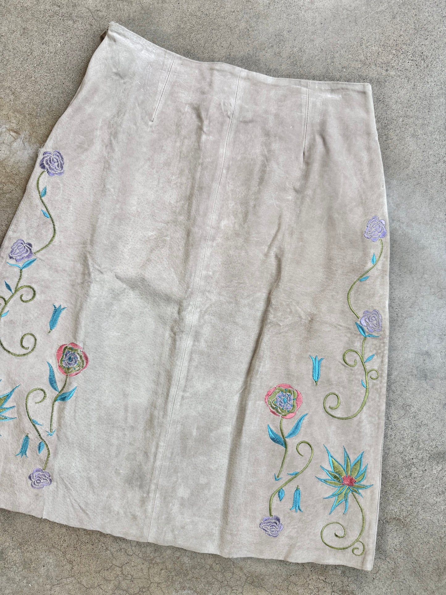 Vintage 1990s Randolph Duke Floral Embroidered Suede Leather Skirt | Waist 27”