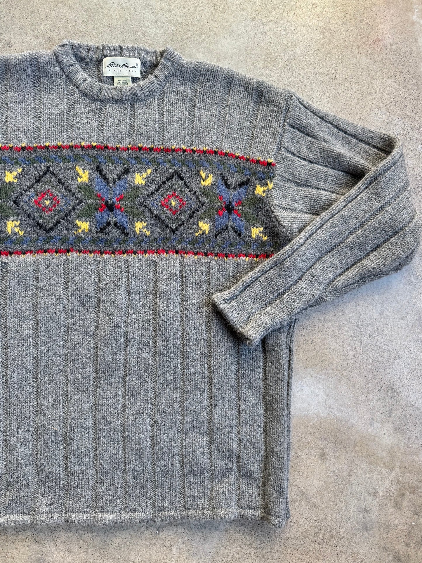 Vintage 1990s Eddie Bauer Grey Nordic Pattern Wool Sweater | Medium