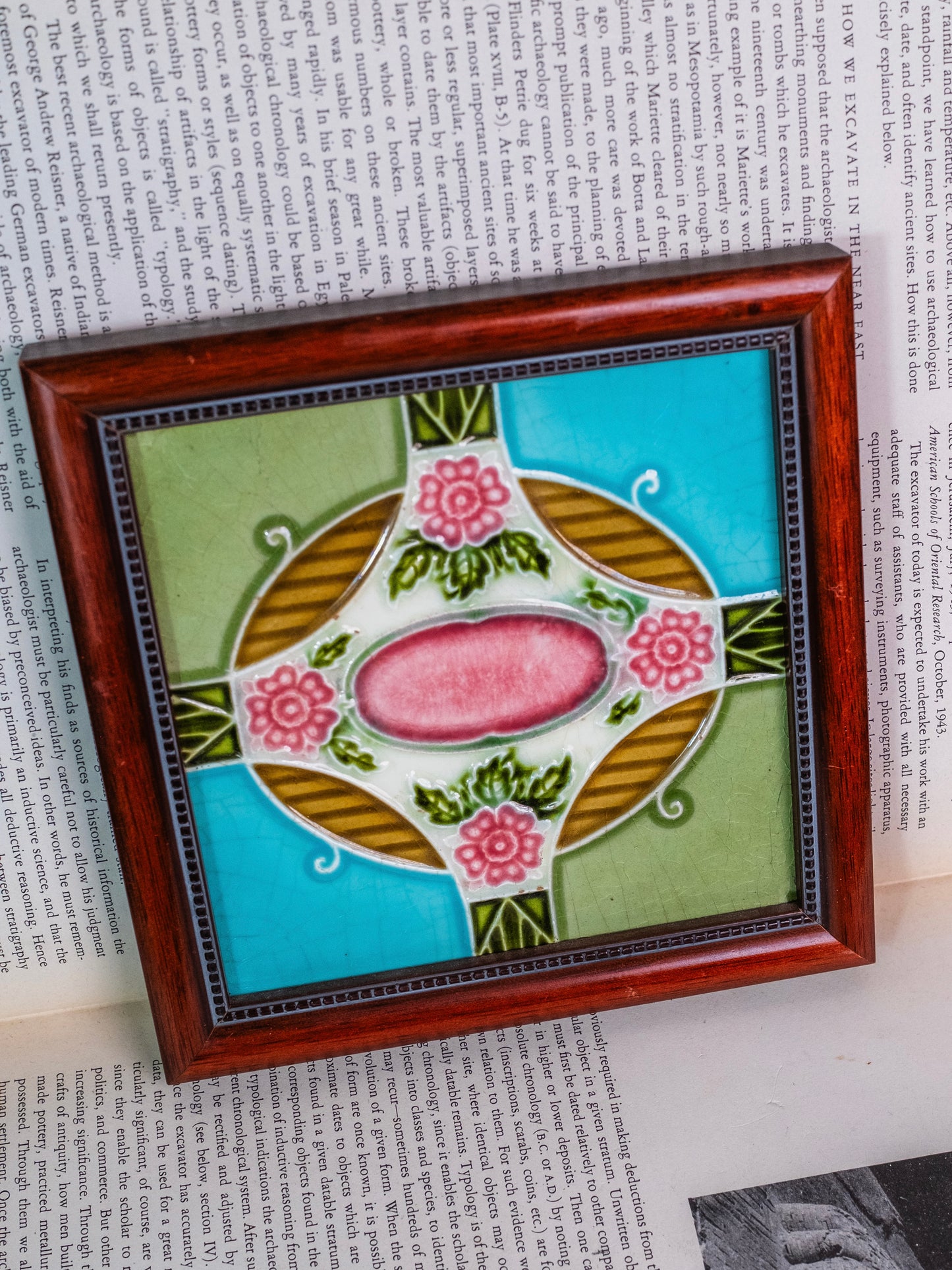 Vintage Framed H & R Johnson England Floral Ceramic Tile