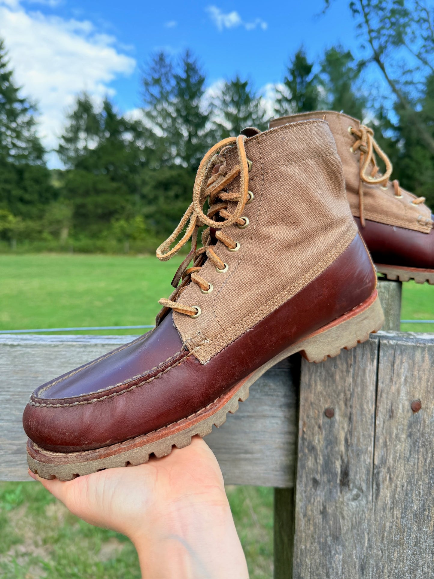 Vintage 1990s Timberland Two-Tone Brown Leather & Canvas Boots | Men’s 11.5