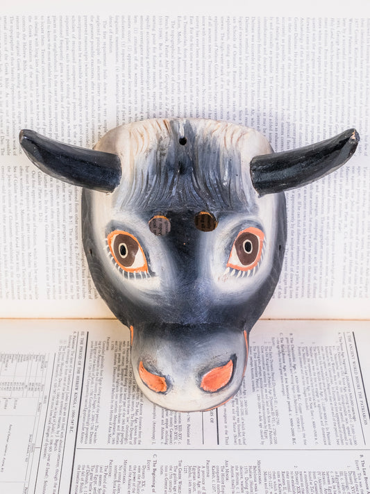 Vintage Mexican Folk Art Hand-Carved Wood Cow Torito Mask