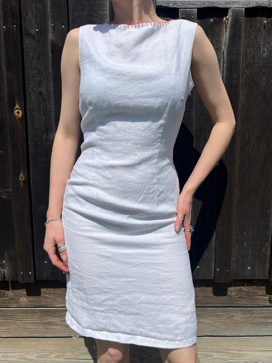 Vintage 1990s Carole Little White Linen Sheath Dress | Small