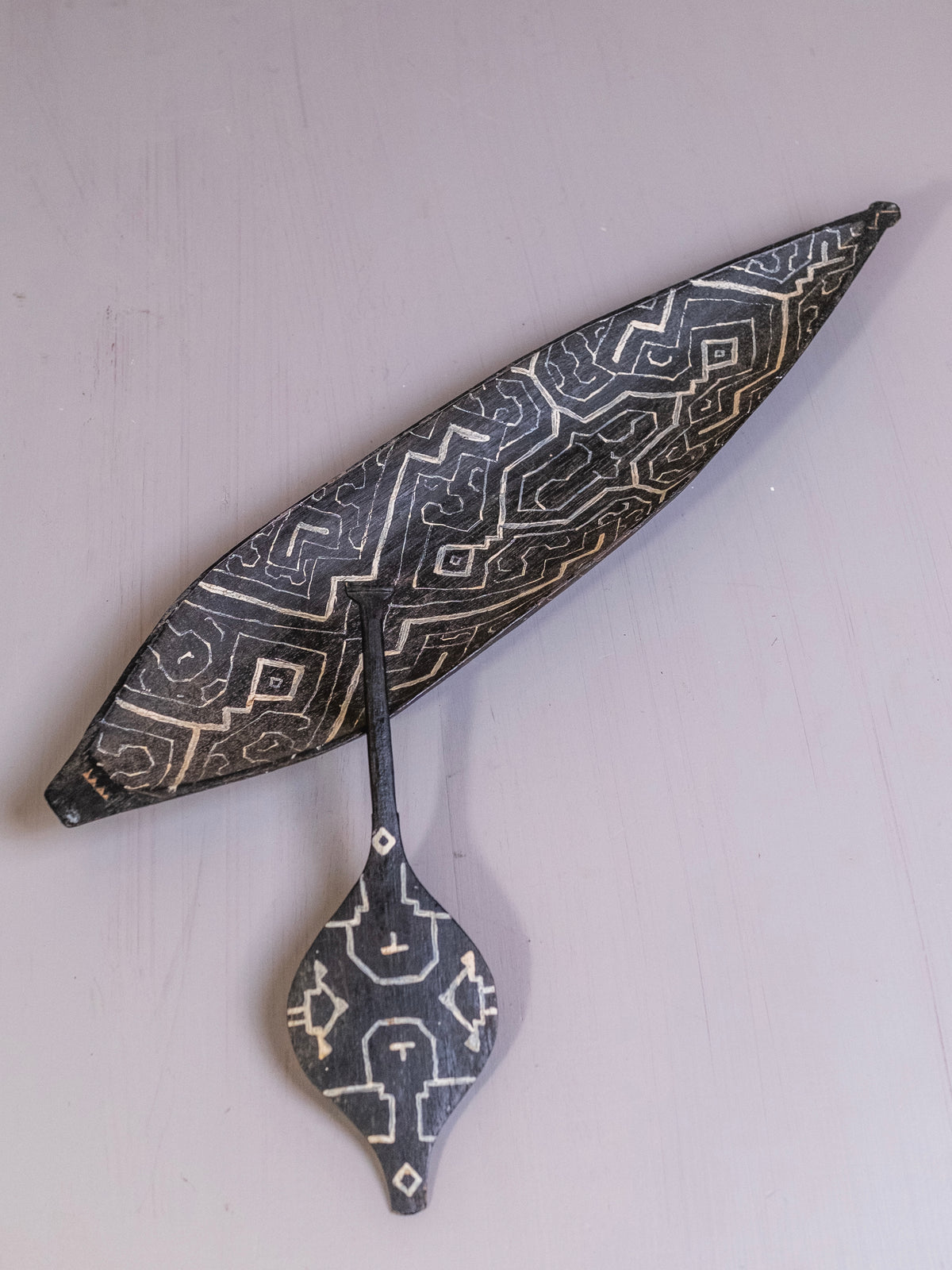 Vintage Hand-Carved Tribal Painted Wooden Boat & Paddle Display