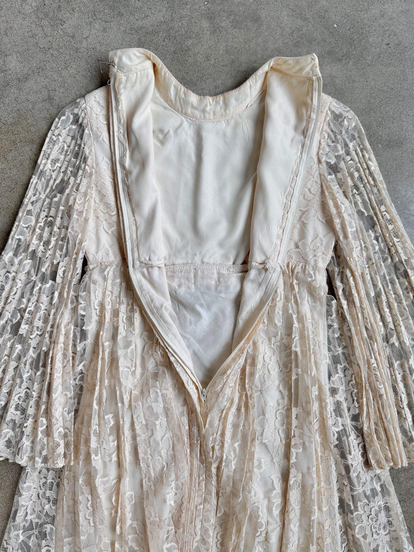 Vintage 1960s Ivory Lace Pleated Bell Sleeve Babydoll Mini Dress | XS