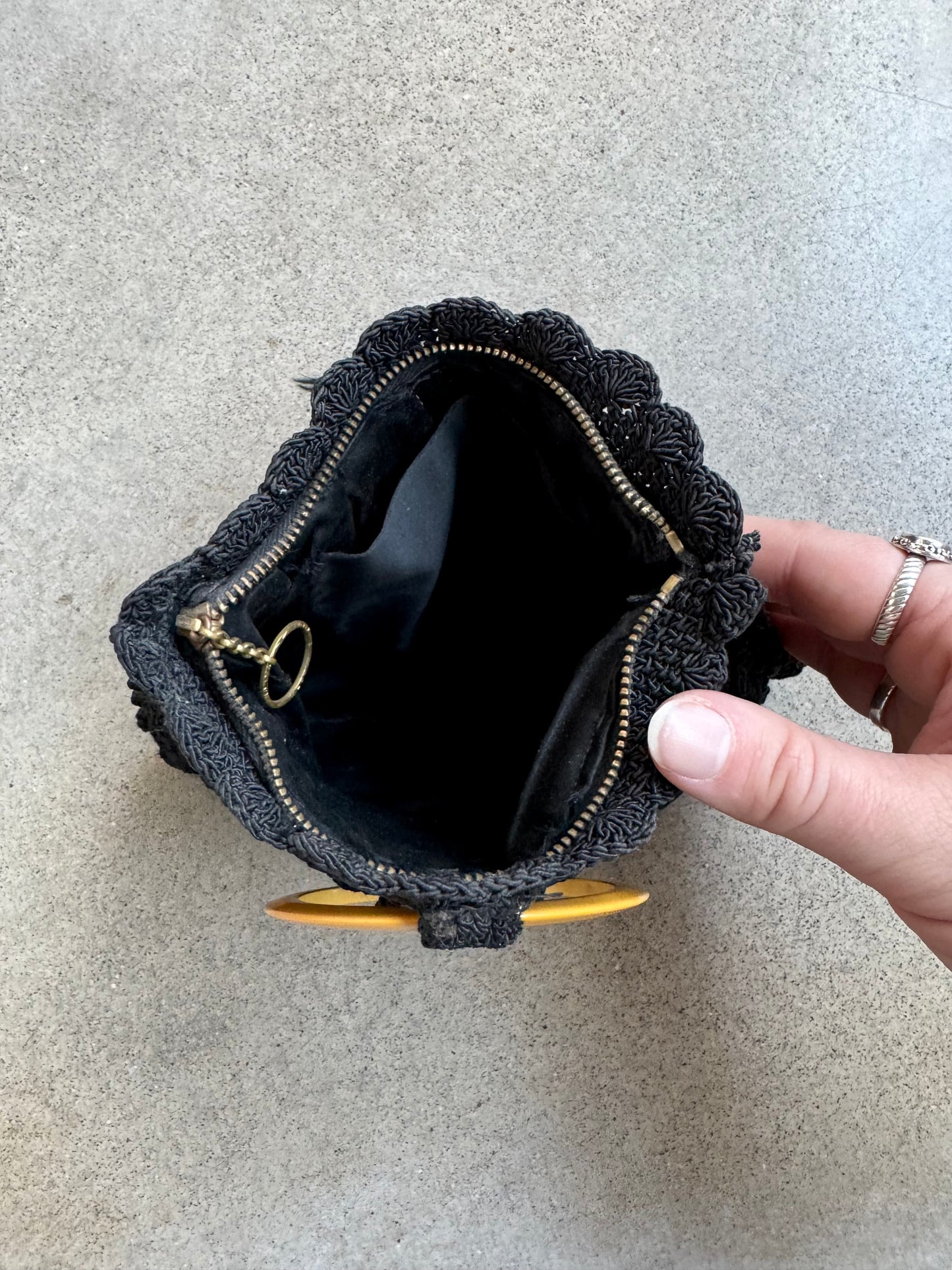 Vintage 1930s Black Crochet Handbag w/ Bakelite Handle