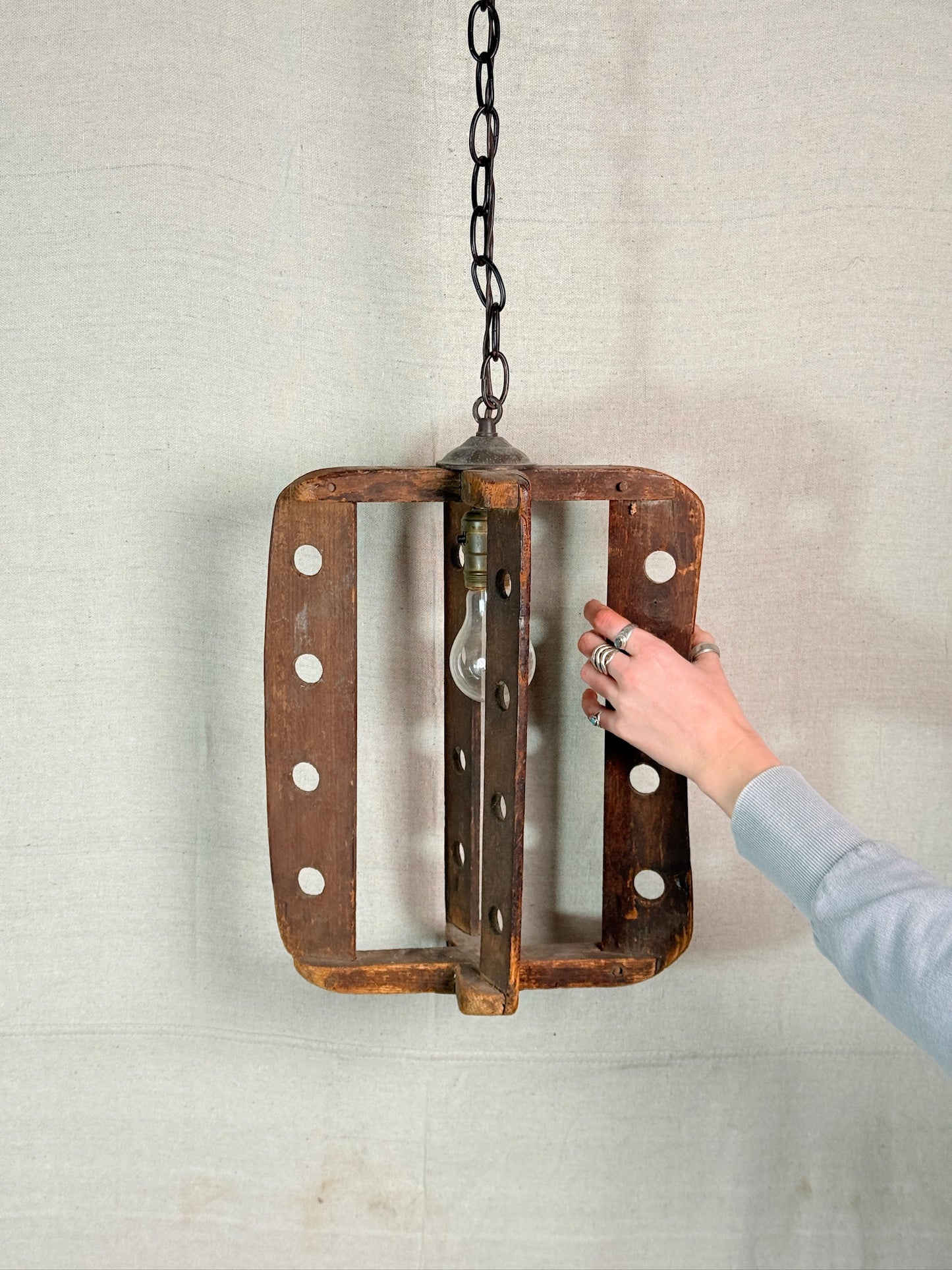 Handmade Antique Wood Churn Hanging Folk Light
