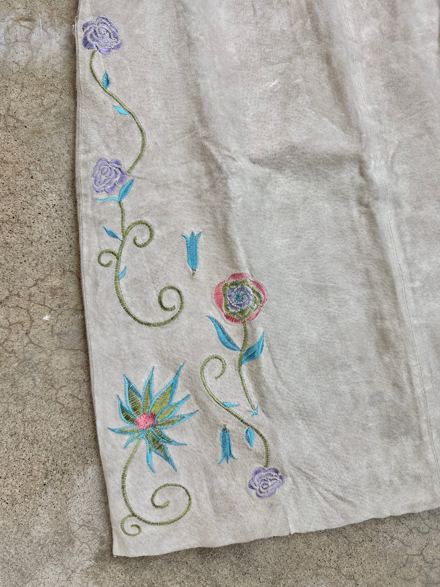 Vintage 1990s Randolph Duke Floral Embroidered Suede Leather Skirt | Waist 27”