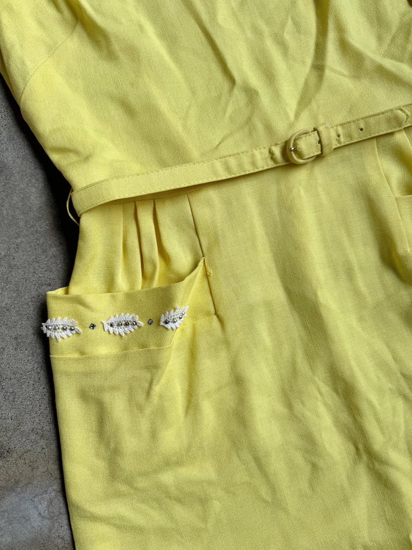 Vintage 1960s Handmade Yellow & White Embellished Trim Sleeveless Midi Dress w/ Belt | M/L