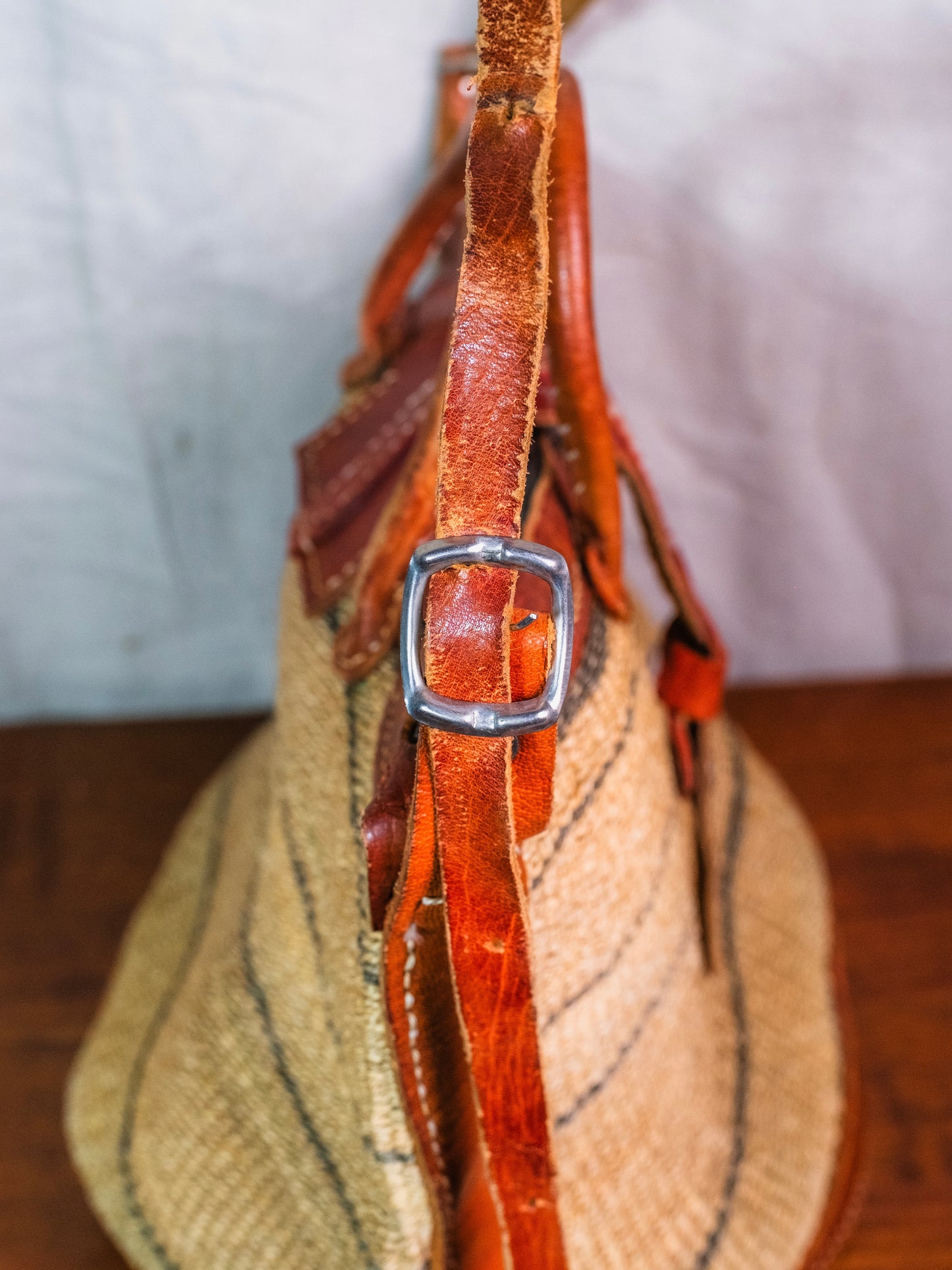Vintage 1970s/80s Leather & Straw Woven Sisal Crossbody Bag