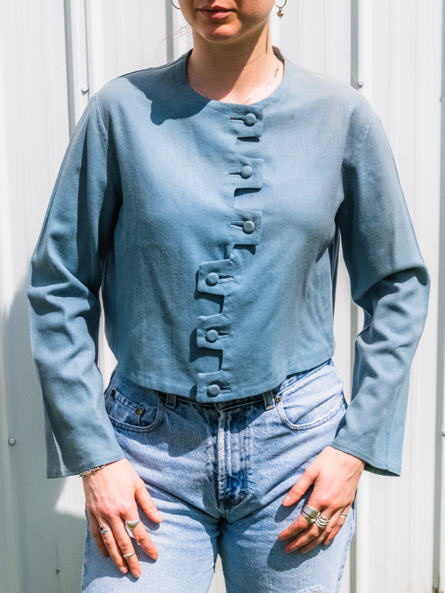Vintage 1930s Handmade Blue Wool-Blend Zig-Zag Button Long Sleeve Top | S/M