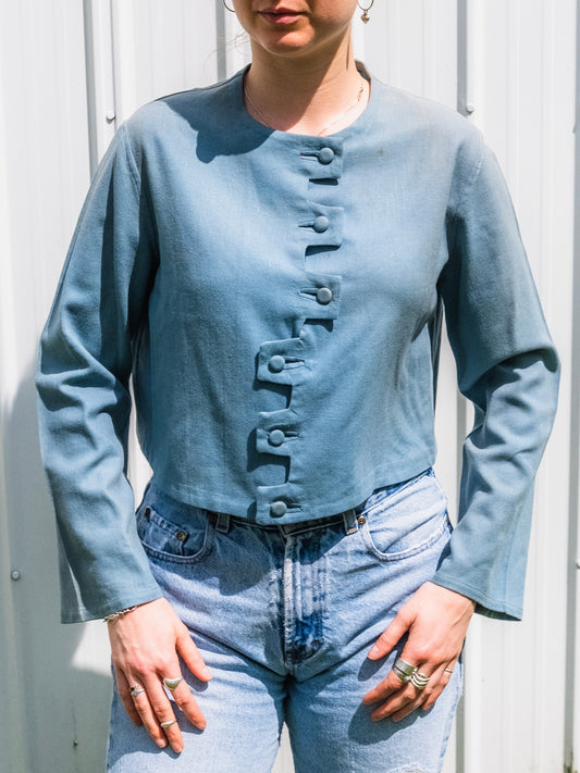 Vintage 1930s Handmade Blue Wool-Blend Zig-Zag Button Long Sleeve Top | S/M