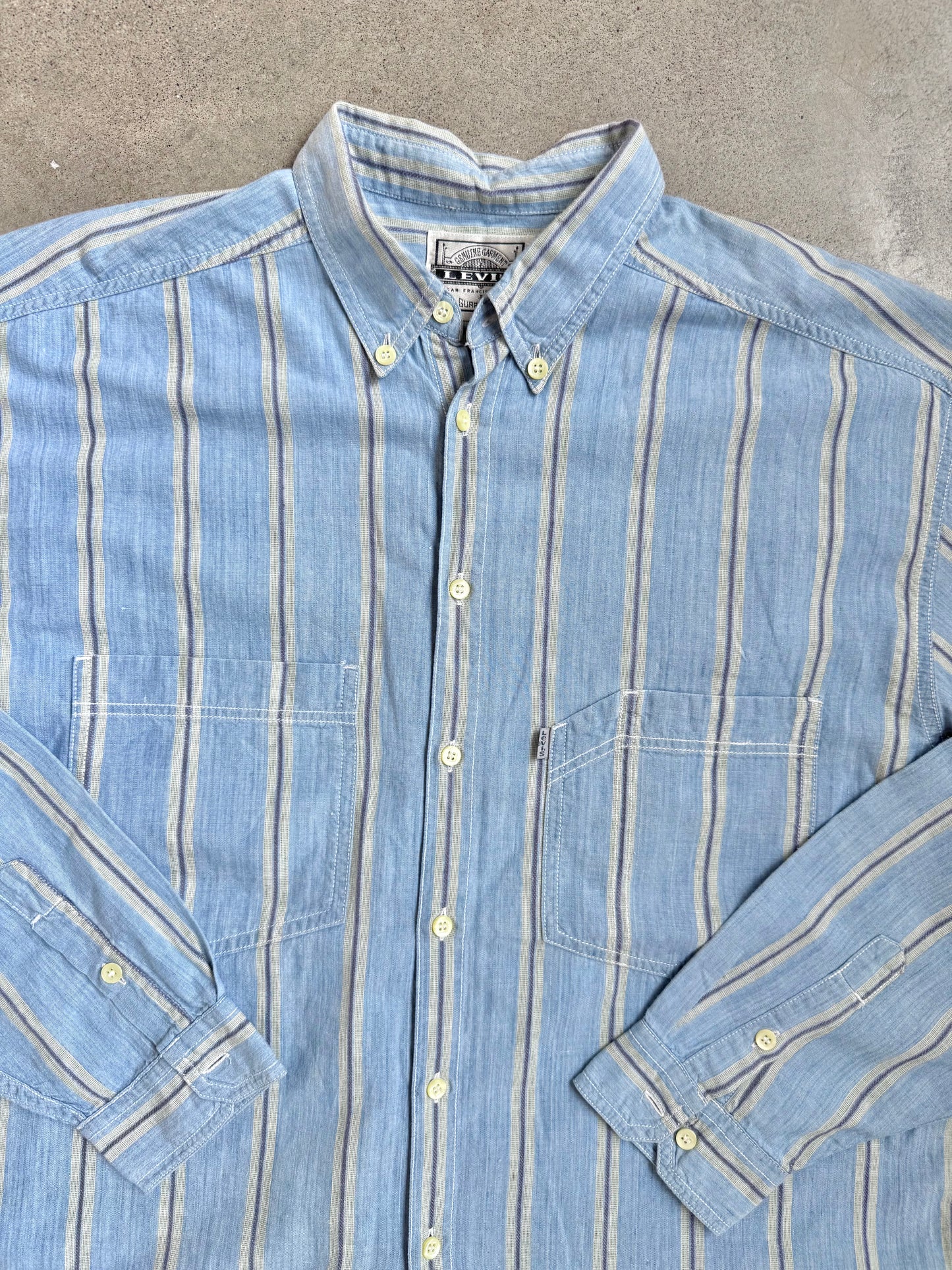 Vintage 1990s Levi’s Blue Striped Cotton Button-Down Shirt | Large