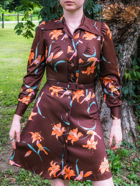 Vintage 1970s Brown & Orange Floral Button-Front Long Sleeve Belted Dress | XS/S