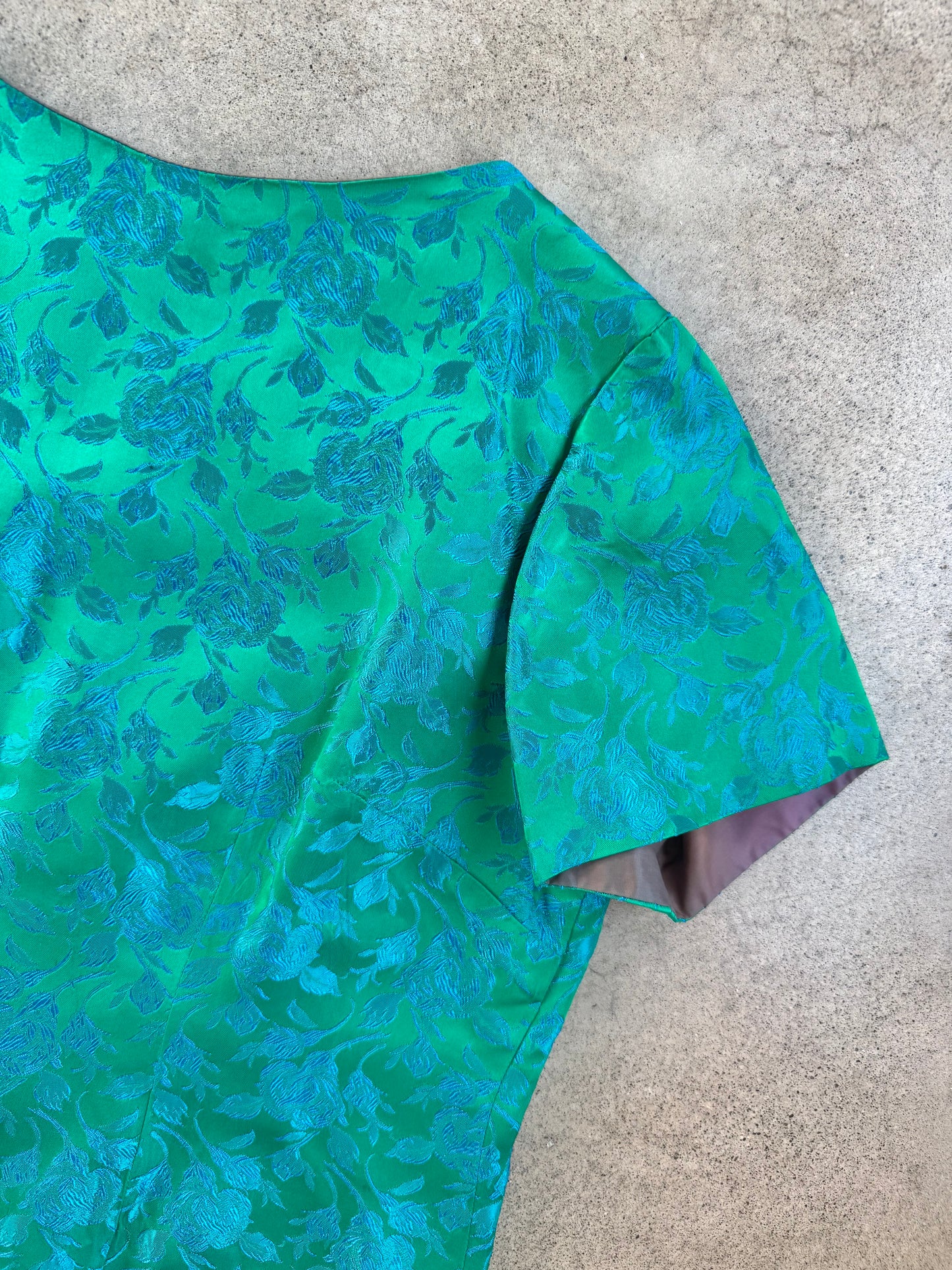 Vintage 1950s Handmade Green & Blue Floral Satin Brocade Button-Back Blouse | Large