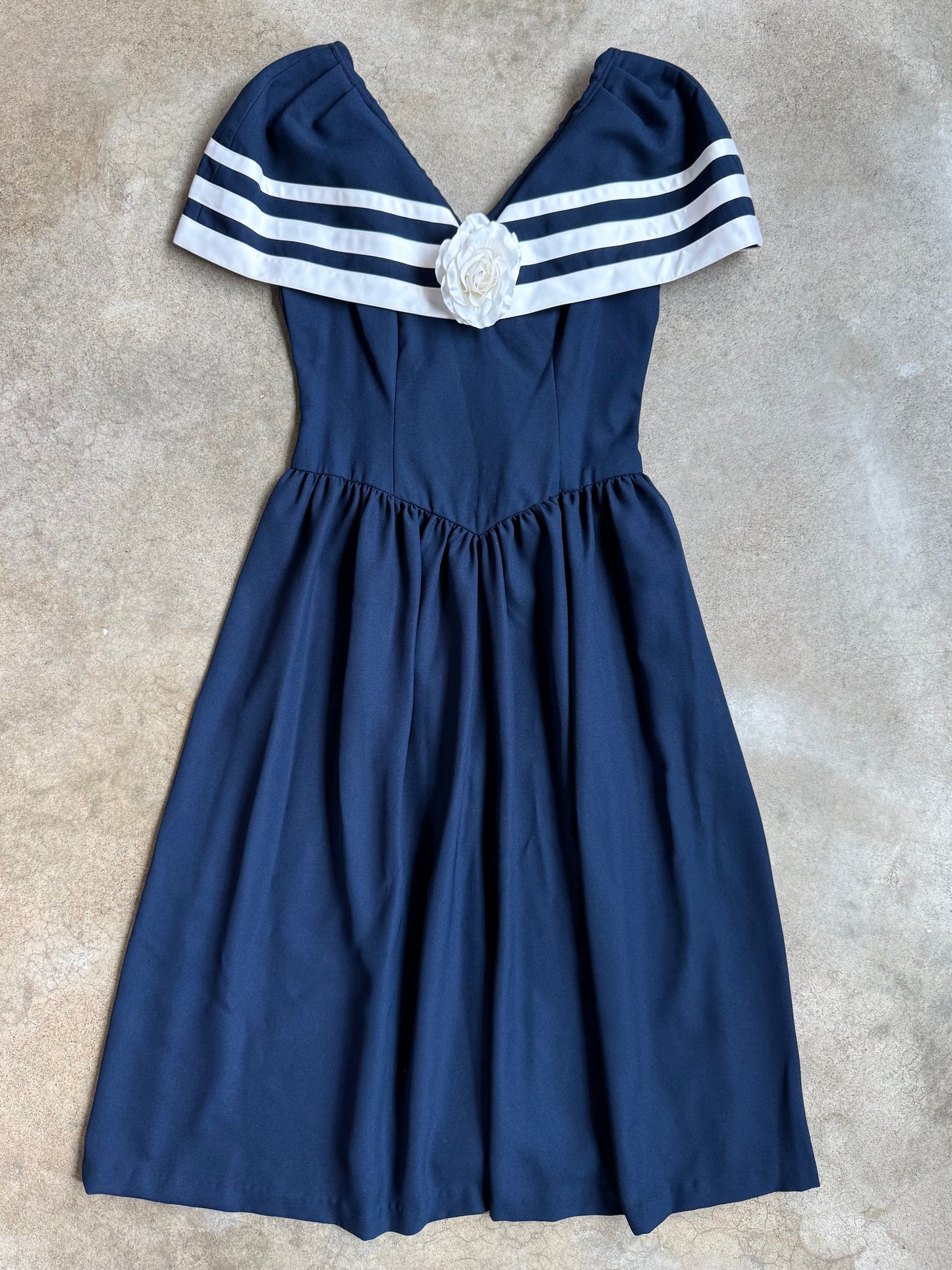 Vintage 1980s Navy Blue Tea-Length Sailor Dress | Medium