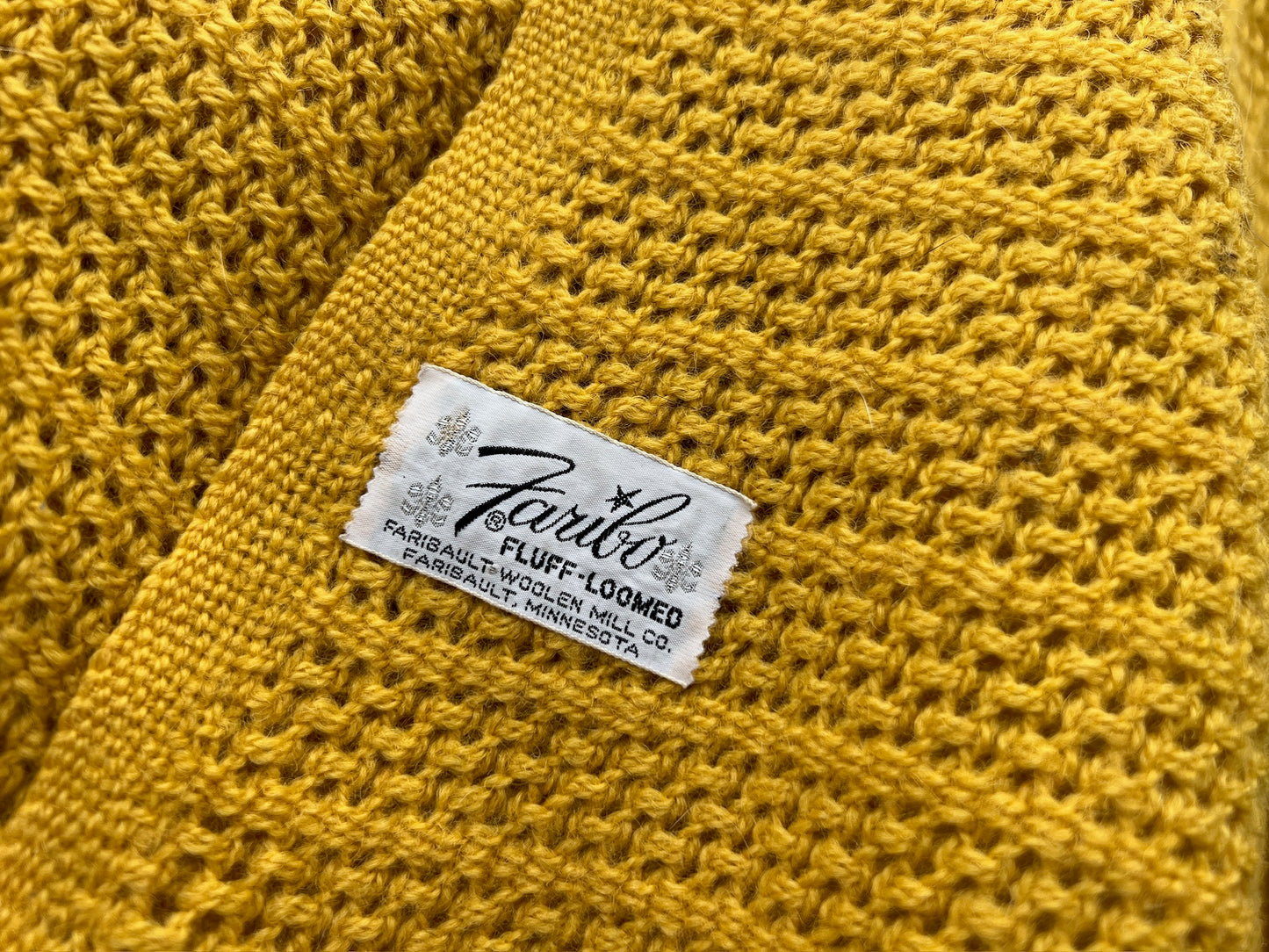 Vintage 1950s Faribo Mustard Yellow Loomed Blanket