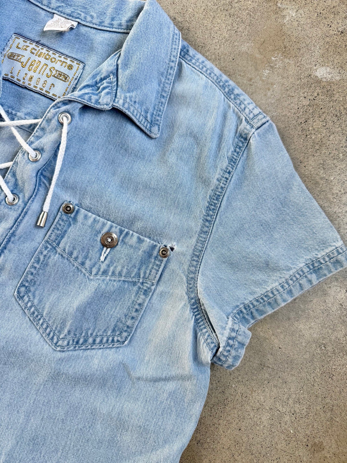 Vintage 1990s Liz Wear Light Wash Denim Lace-Up Shirt Dress | Medium