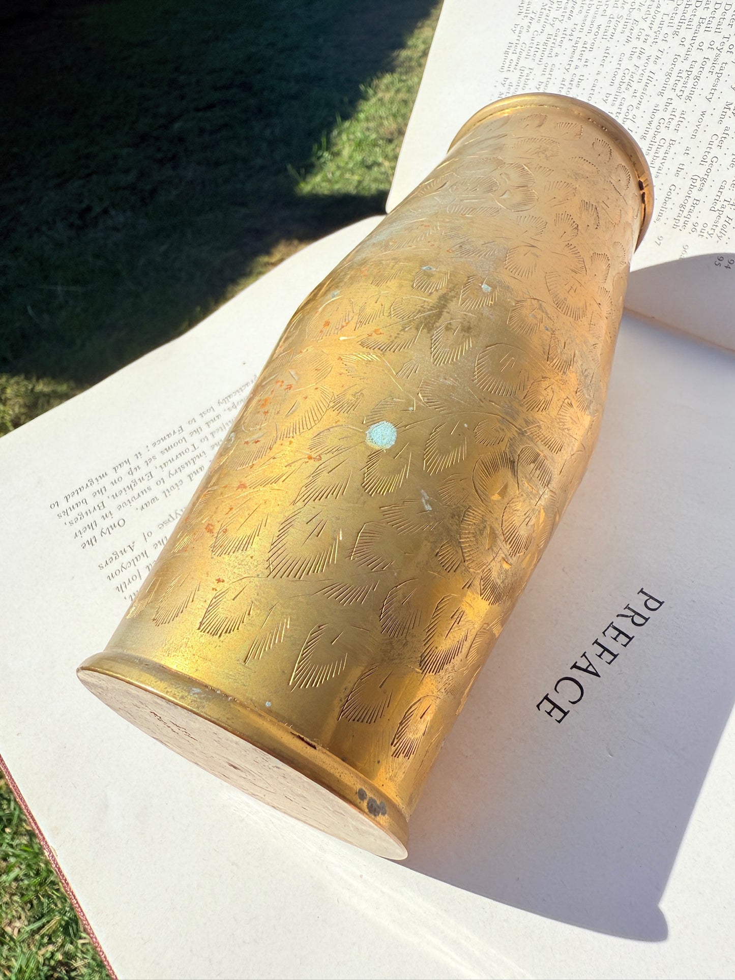 Vintage 1950s Solid Brass Etched Floral Vase