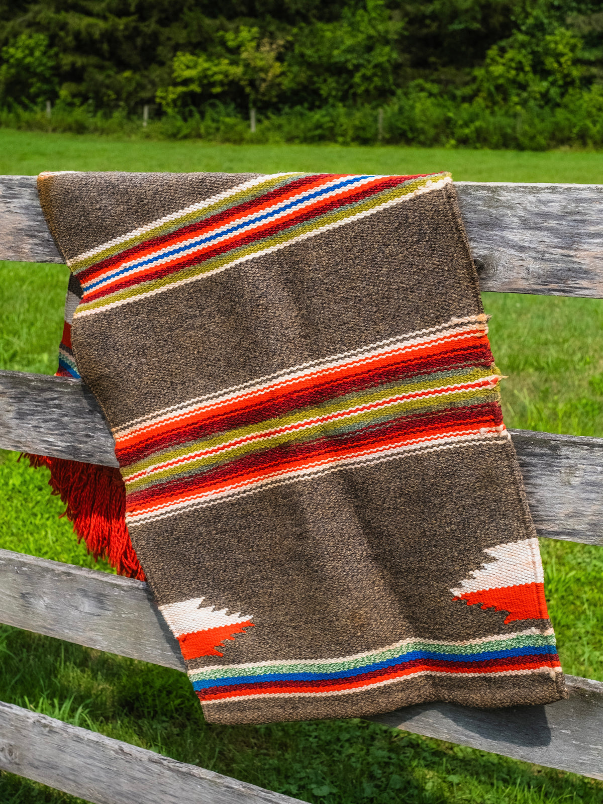 Vintage Southwestern Woven Wool Fringe Trim Chimayo Rug