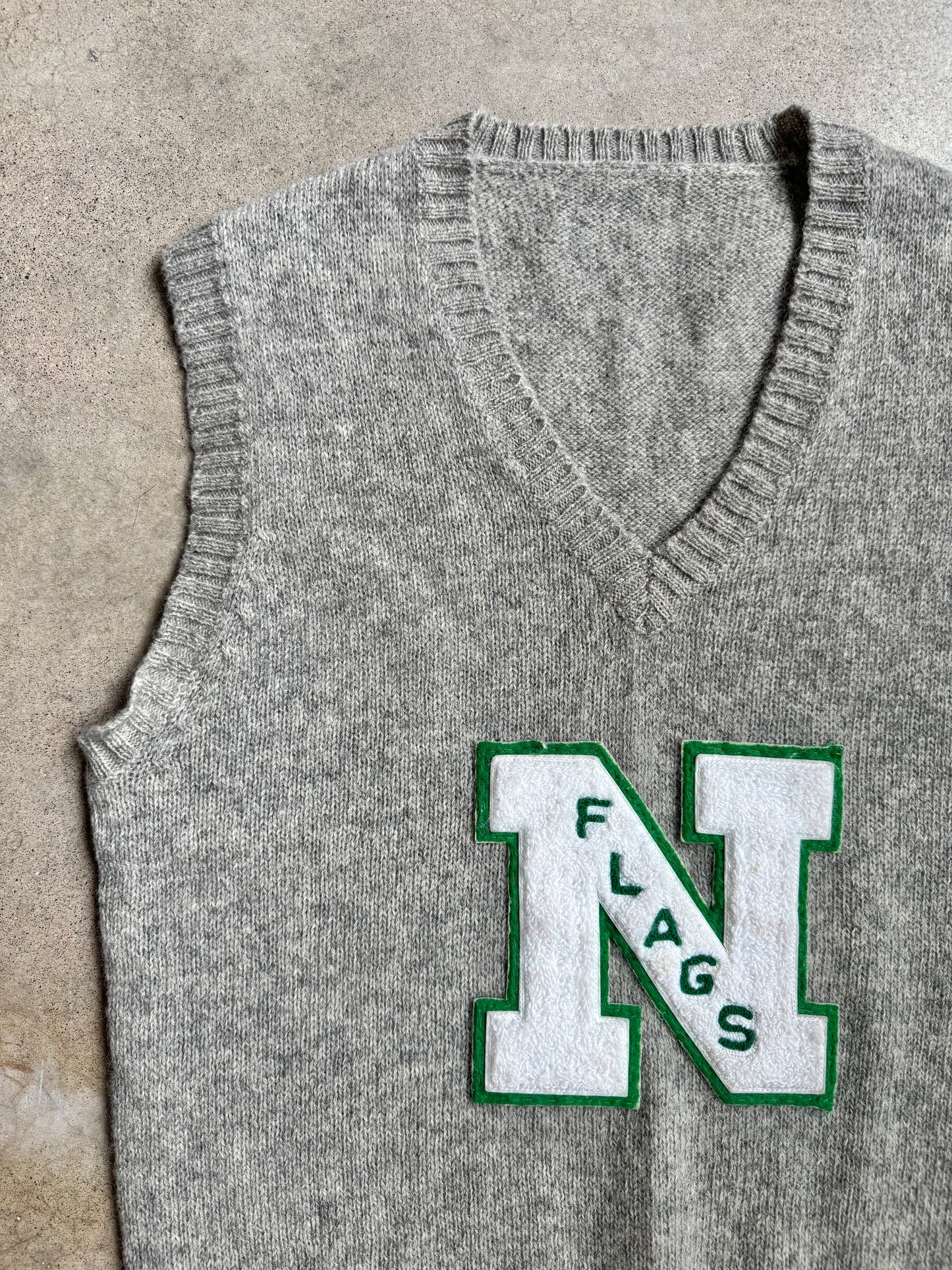 Vintage 1960s Grey Wool "N Flags" Letterman Patch Sweater Vest | Large