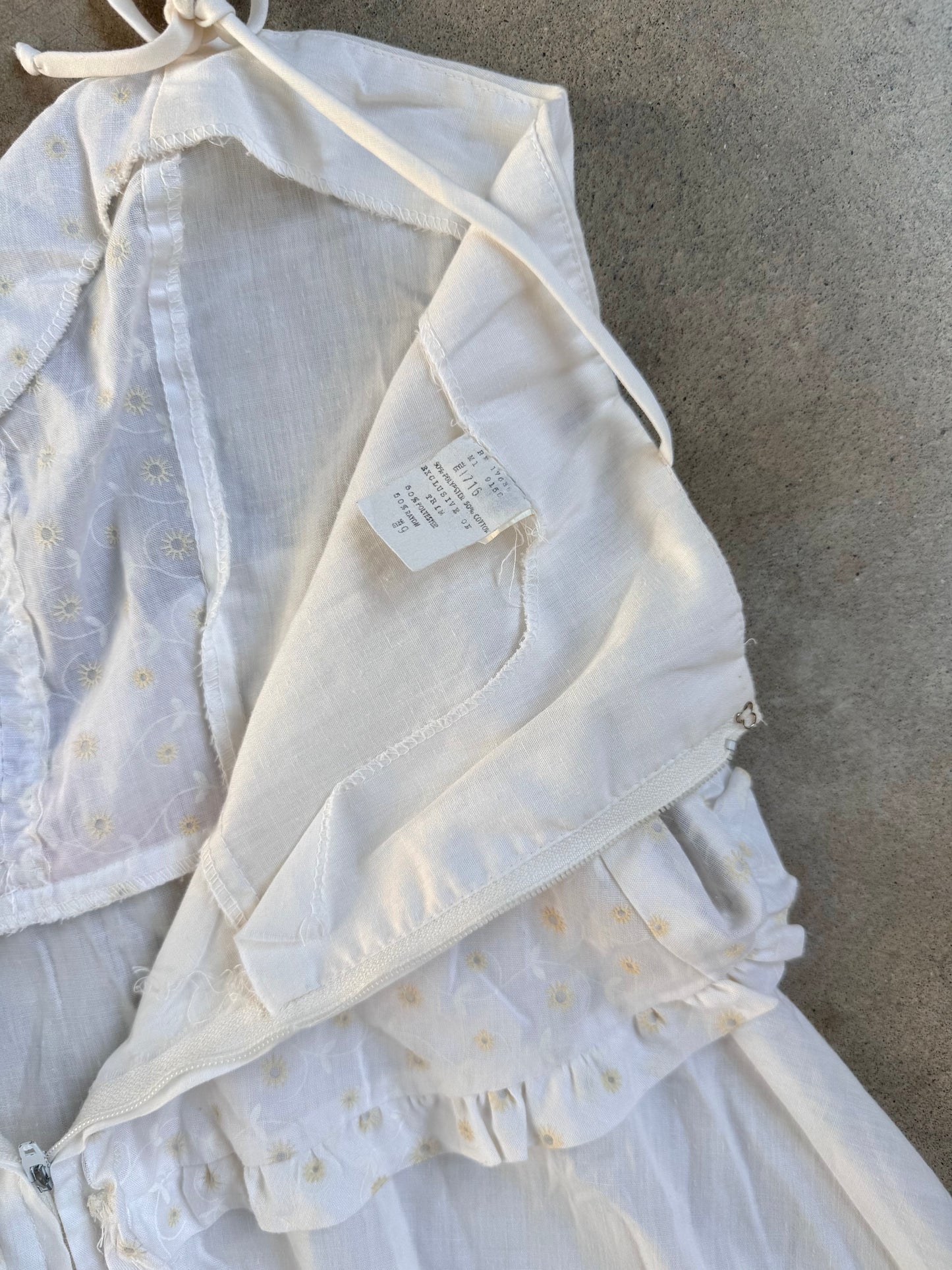 Vintage 1970s White & Pink Floral Embroidered Tie-Strap Prairie Dress | XS/S