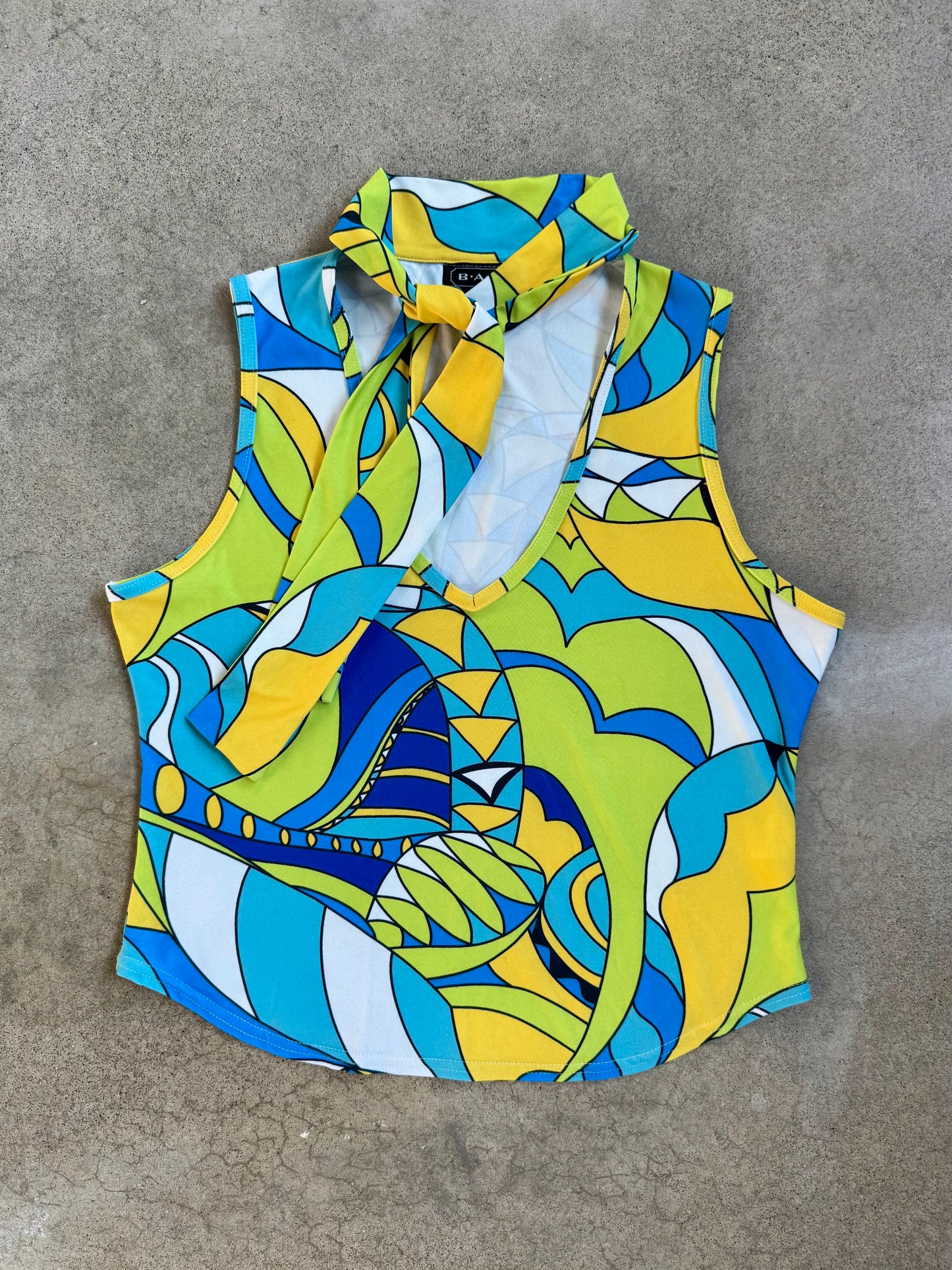 Vintage 1990s B.A.D. Psychedelic Printed Tie Neck Sleeveless Blouse | Large
