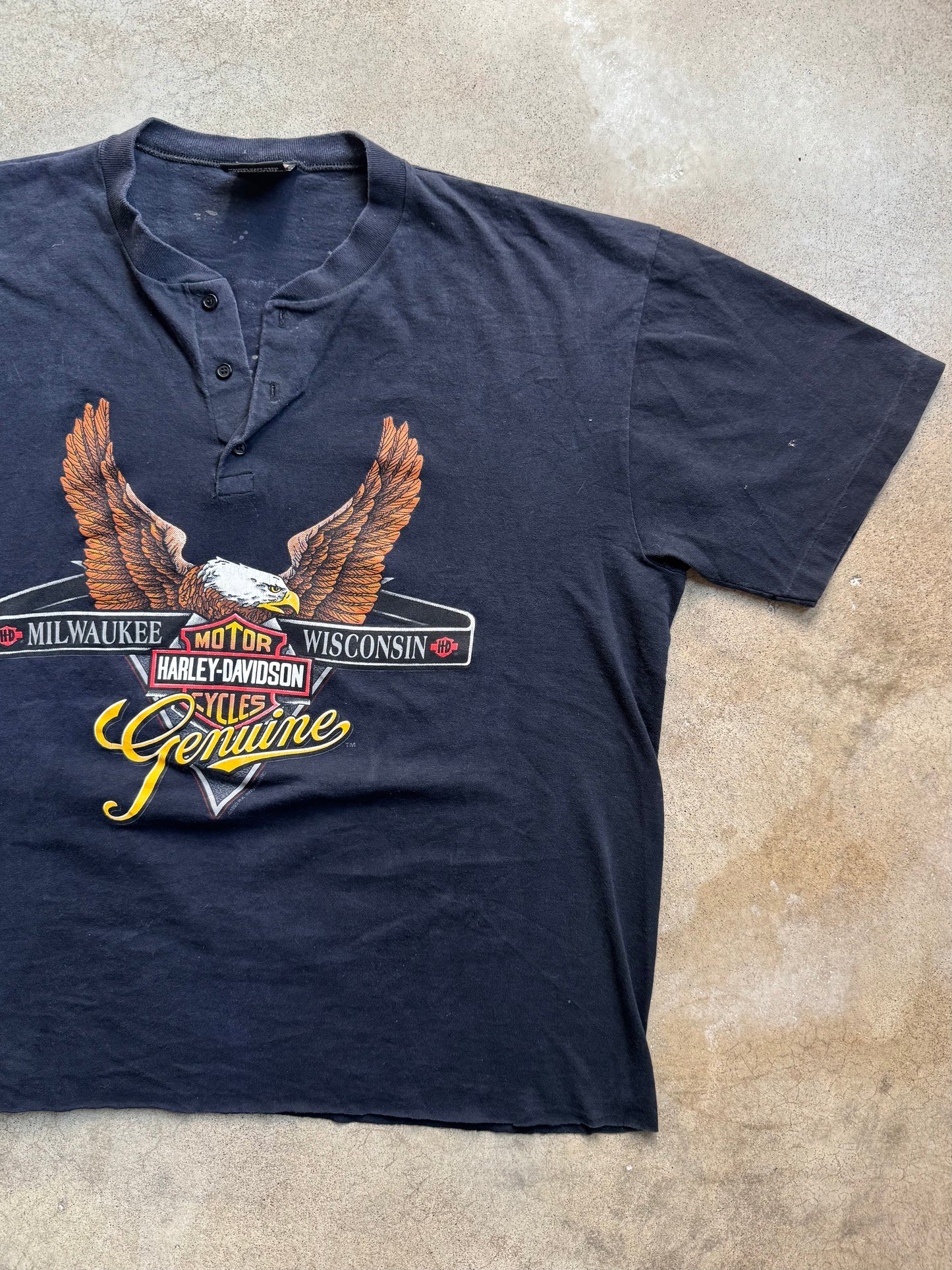 Vintage 1990s Harley Davidson Black Henley Graphic Tee | XXL
