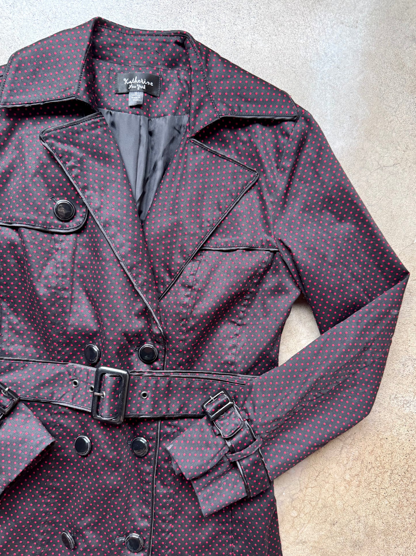 2000s Katherine NY Black & Red Polka Dot Trench Coat | Small