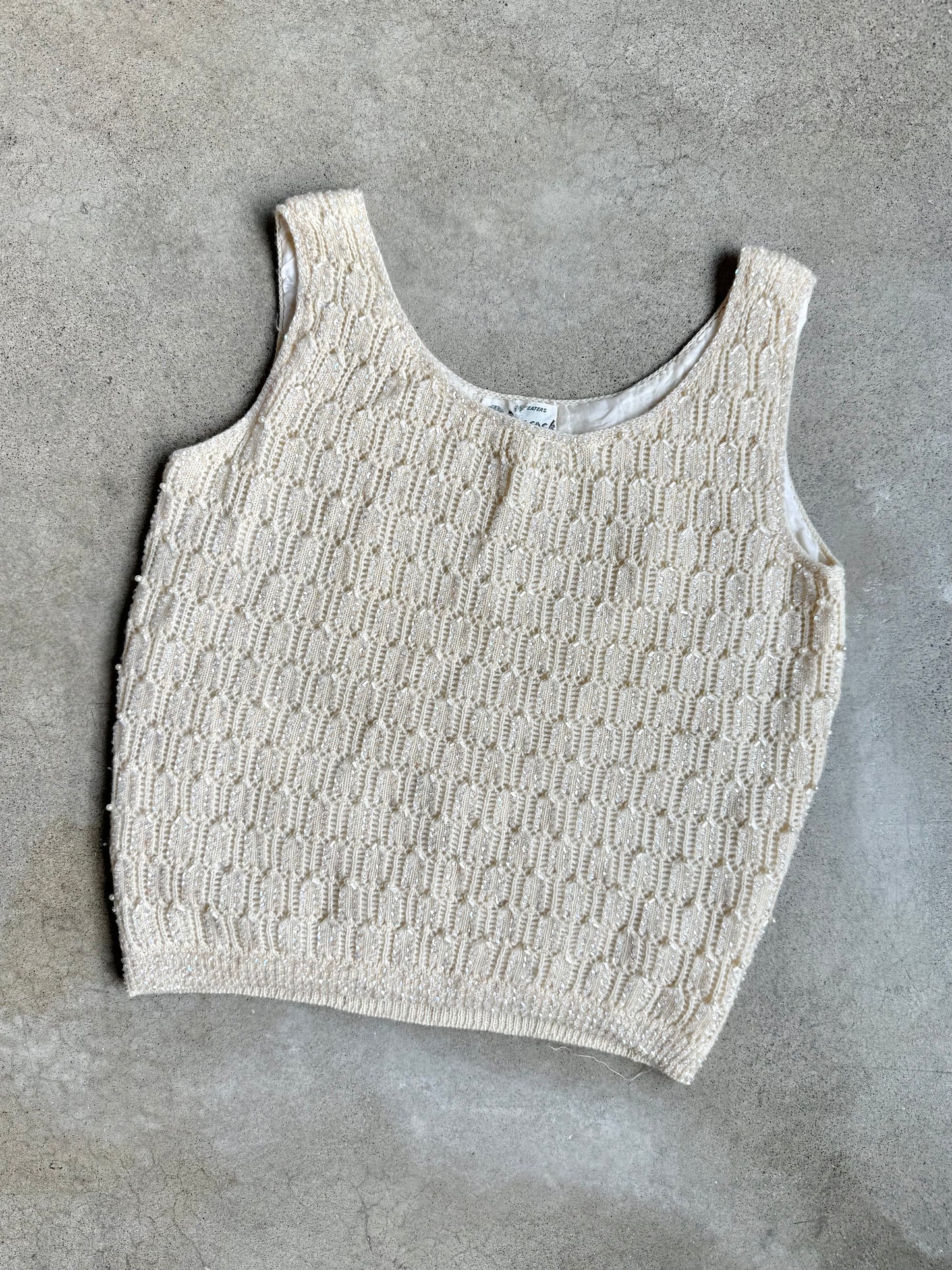 Vintage 1950s Peacock Sequin Beaded Cream Wool Knit Tank Top | Small
