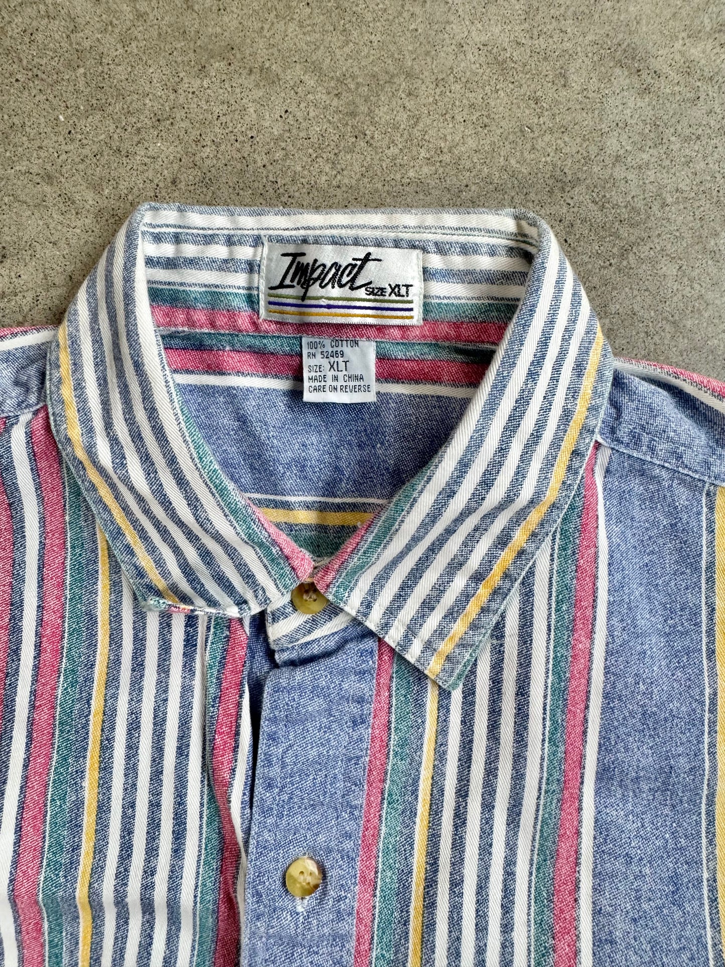 Vintage 1990s Impact Multi-Color Striped Cotton Button-Up Shirt | XLT