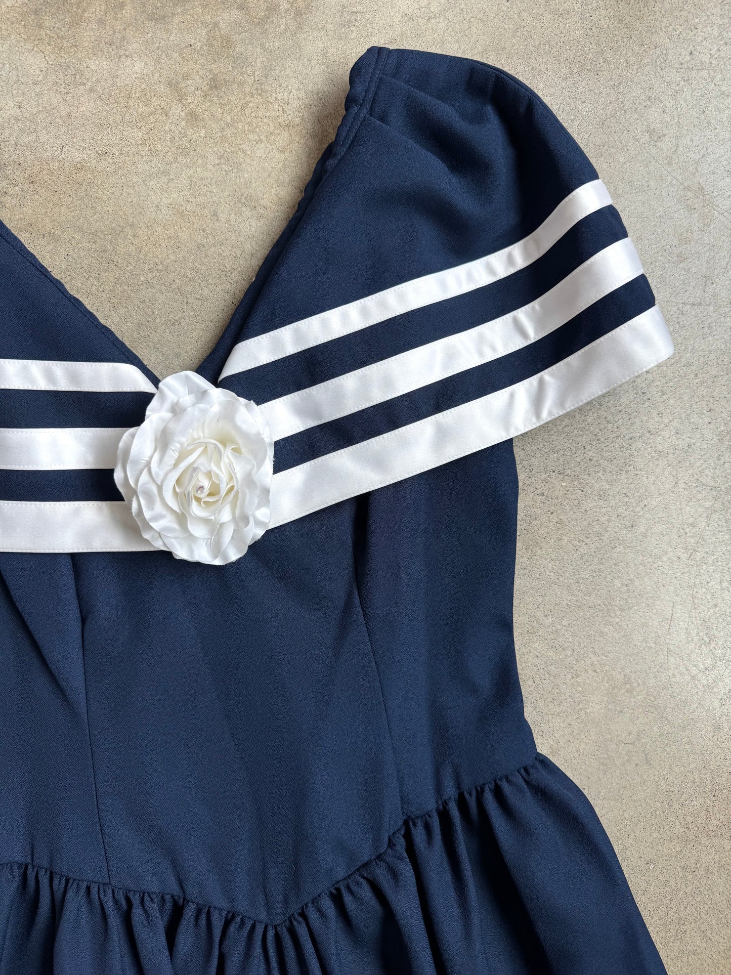 Vintage 1980s Navy Blue Tea-Length Sailor Dress | Medium