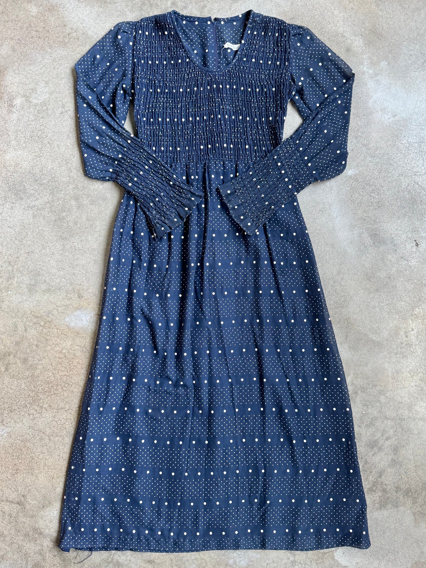 Vintage 1960s Bonwit Teller Navy Polka Dot Smocked Long Sleeve Maxi Dress | S/M