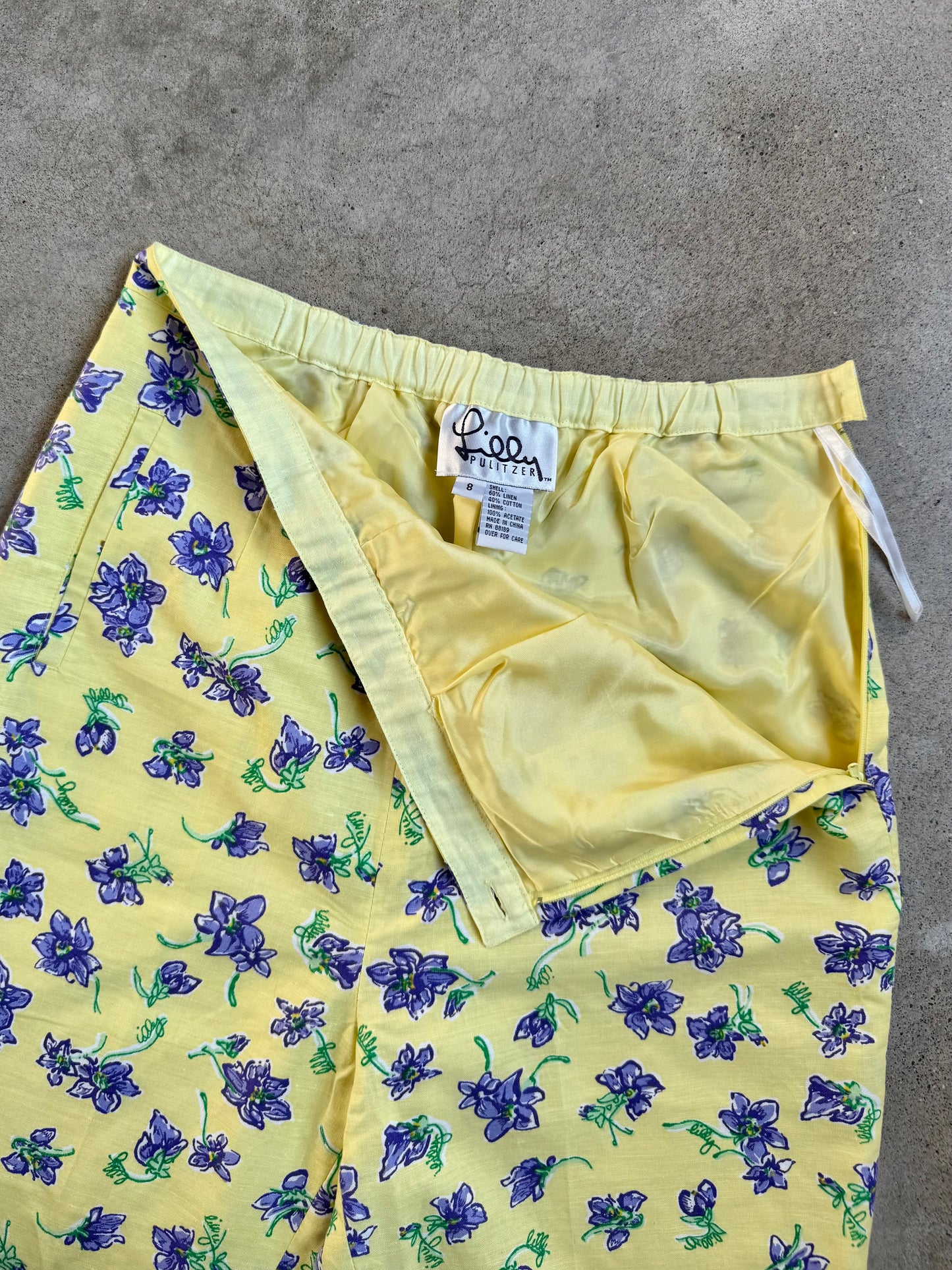 Vintage 1990s Lilly Pulitzer Yellow & Purple Floral High-Waisted Linen Pants | 8