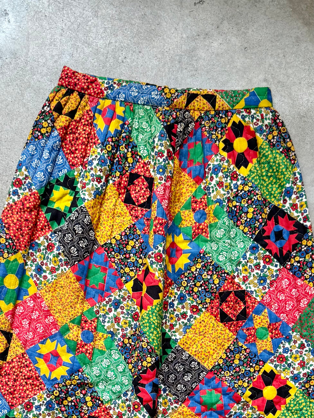 Vintage 1960s Handmade Patchwork Quilted Maxi Skirt | Waist 28”