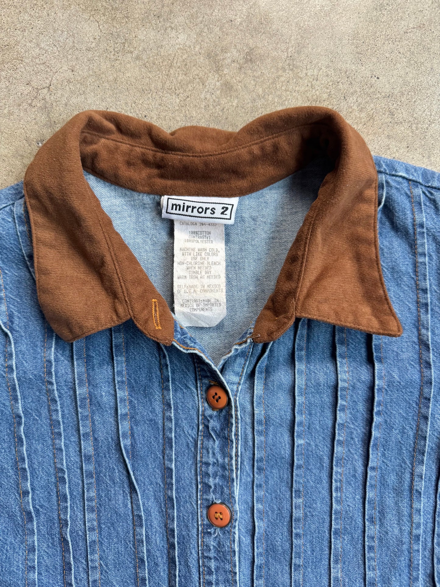 Vintage 1990s Mirrors 2 Faux Suede Collar Denim Tie-Back Maxi Dress | XL