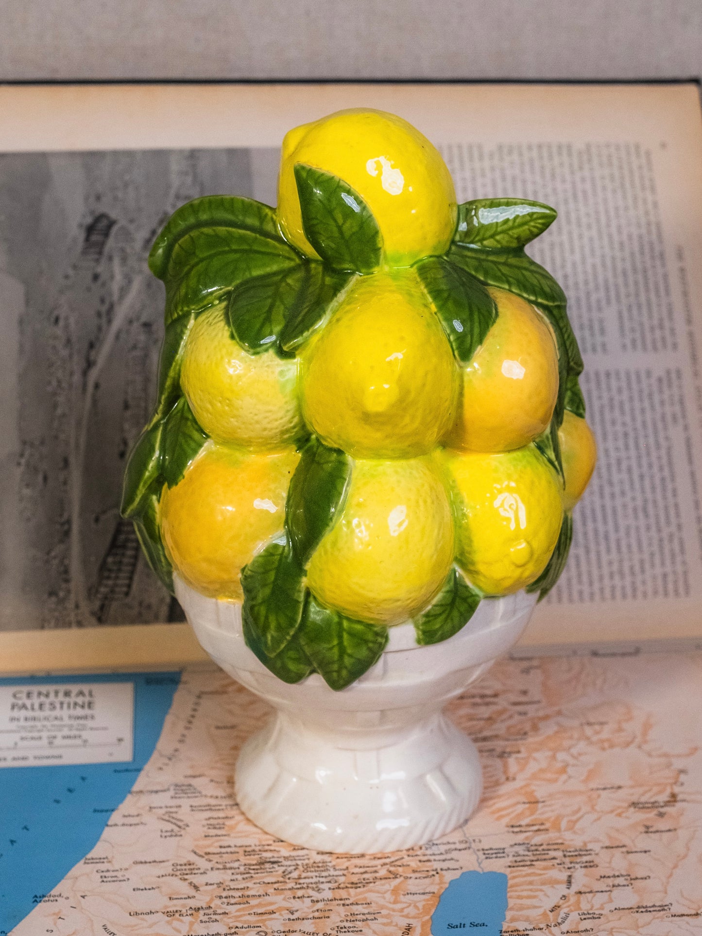Vintage 1960s Majolica-Style Ceramic Lemon Basket Centerpiece